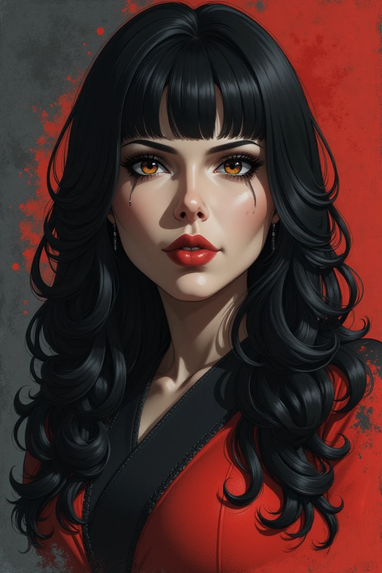 (((Black Widow))). OBxiaoxiang, Inkplash art on rice paper, sepia, henna and carmine , Silhouette Art, magnificent, dark background, inksplash portrait of stunning japanese woman, long hair, bangs, seductive, sultry, lustful, red lips, direct gaze, light hitting one side of face, inksplash gradient colour background