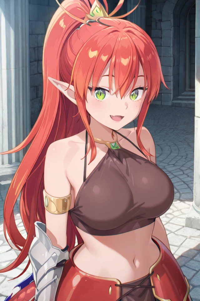 (score_9, score_8_up, score_8, score_9, ASCII score_9), (source_anime), (masterpiece best quality), (beautiful atmosphere), (sharp eyelid, sharp eyelashes, thick eyelashes, long eyelashes), (sharped face, beauty makeup), (beautiful skin, beautiful face), (perfect anatomy), (beautiful detailed face, beautiful oval face), (sharp out line), (ultra-detailed), (best illustration), (best shadow), (absurdres), (detailed background), (very aesthetic), (iper detailed eyes), (ultra detailed eyes), (looking at viewer), (looking at you), cinematic scene, (1girl), solo, (Ulmandra), (big breasts), (salaryman ga isekai ni ittara shitennou ni natta hanashi), (pointy ears), long hair, solo, (red hair), smile, navel, tail, seductive smile, ponytail, jewelry, midriff, (dragon girl), (red tail), (green eyes), armor, very long hair, cowboy shot, Expressiveh, scales, scalie, scaly, fang, parted lips, armored skirt, armlet, asymmetrical gloves, demon girl, hair between eyes, (slit pupils), brown tank top, <lora:ApexAiUlmandraIllustrious:1>,