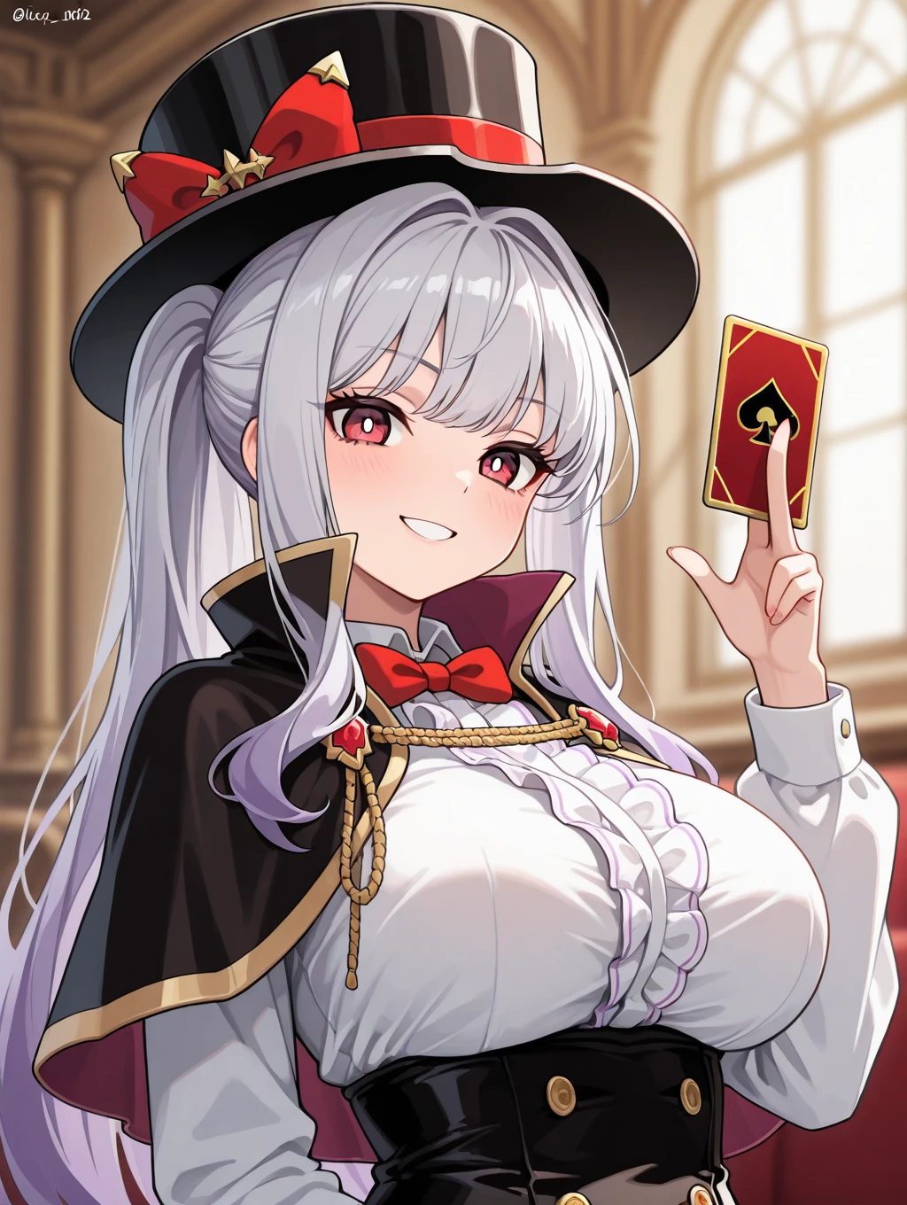 lucy, 1girl, solo, smile, red eyes, large breasts, shirt, long sleeves, hat, bow, holding, white shirt, upper body, white hair, grey hair, twitter username, red bow, black headwear, capelet, bright pupils, white pupils, top hat, card, playing card, holding card




masterpiece, best quality,amazing quality, very aesthetic, absurdres, depth of field, blurry background, extremely detailed face, detailed eyes