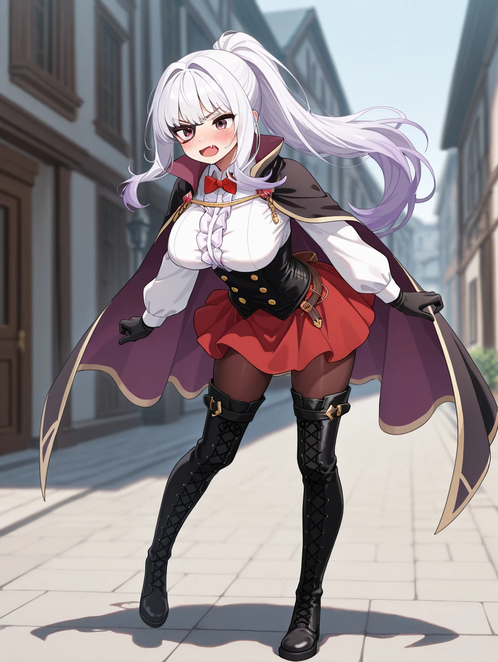 lucy, 1girl, solo, long hair, blush, open mouth, skirt, large breasts, shirt, thighhighs, gloves, bow, full body, white shirt, ponytail, white hair, pantyhose, boots, black gloves, fang, bowtie, cape, black footwear, red bow, red skirt, thigh boots, eyepatch, red bowtie, corset, cross-laced footwear, motion blur, black cape


masterpiece, best quality,amazing quality, very aesthetic, absurdres, depth of field, blurry background, extremely detailed face, detailed eyes