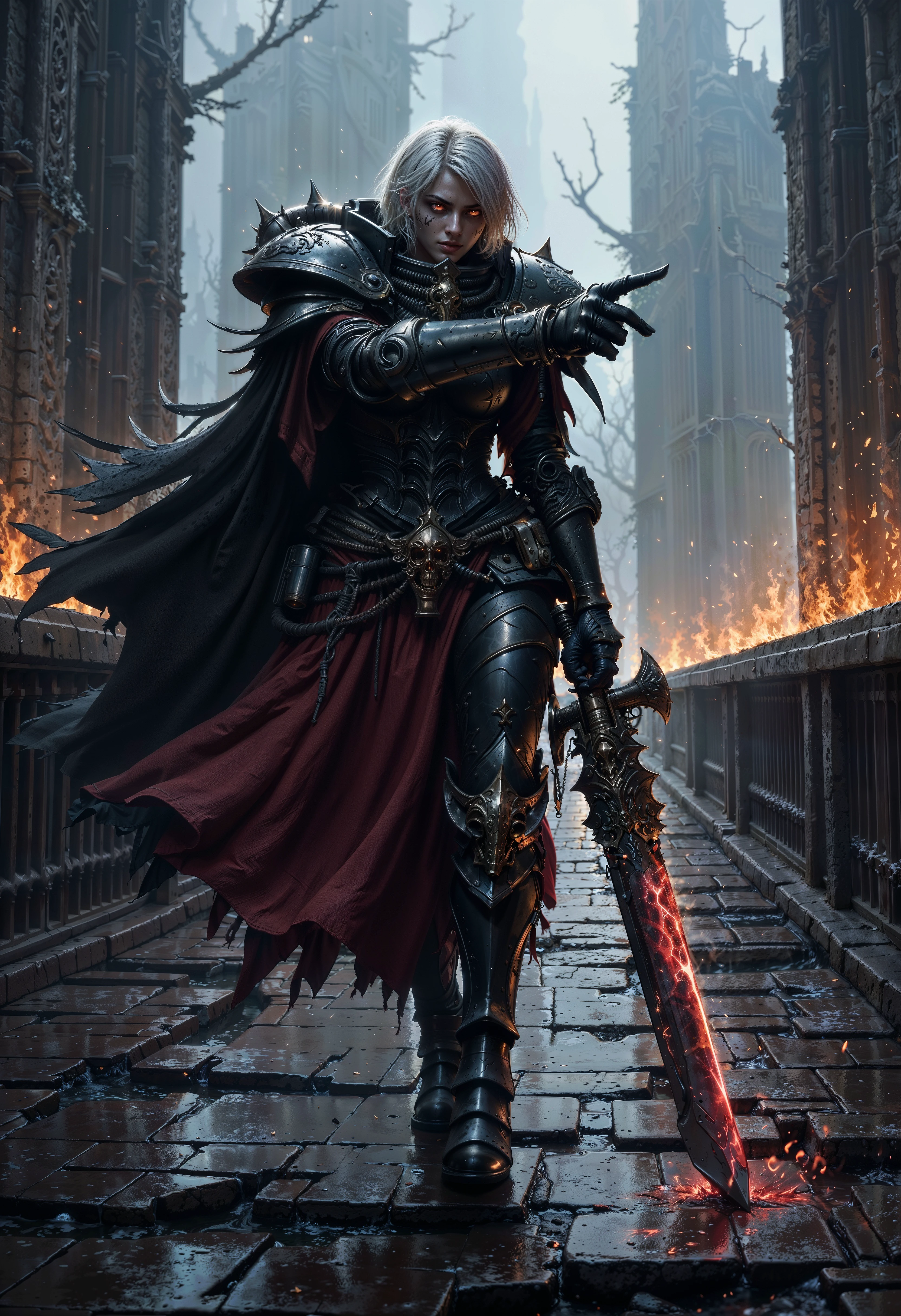 A Powerful SisB40K, draped in tattered, dark power armor that pulses with a faint, eerie glow, stands on a creaking wooden bridge. She points the tip of a massive, rune-etched sword menacingly at the camera, the blade crackling with dark energy. Shadows swirl around her, and the misty air is thick with tension. red flames flicker within her hollow eyes, reflecting the bridge's warped, splintered planks, over the sword camera view <lora:FluxSisB40K:1> <lora:FluxMythP0rtr4itStyle:0.7>
