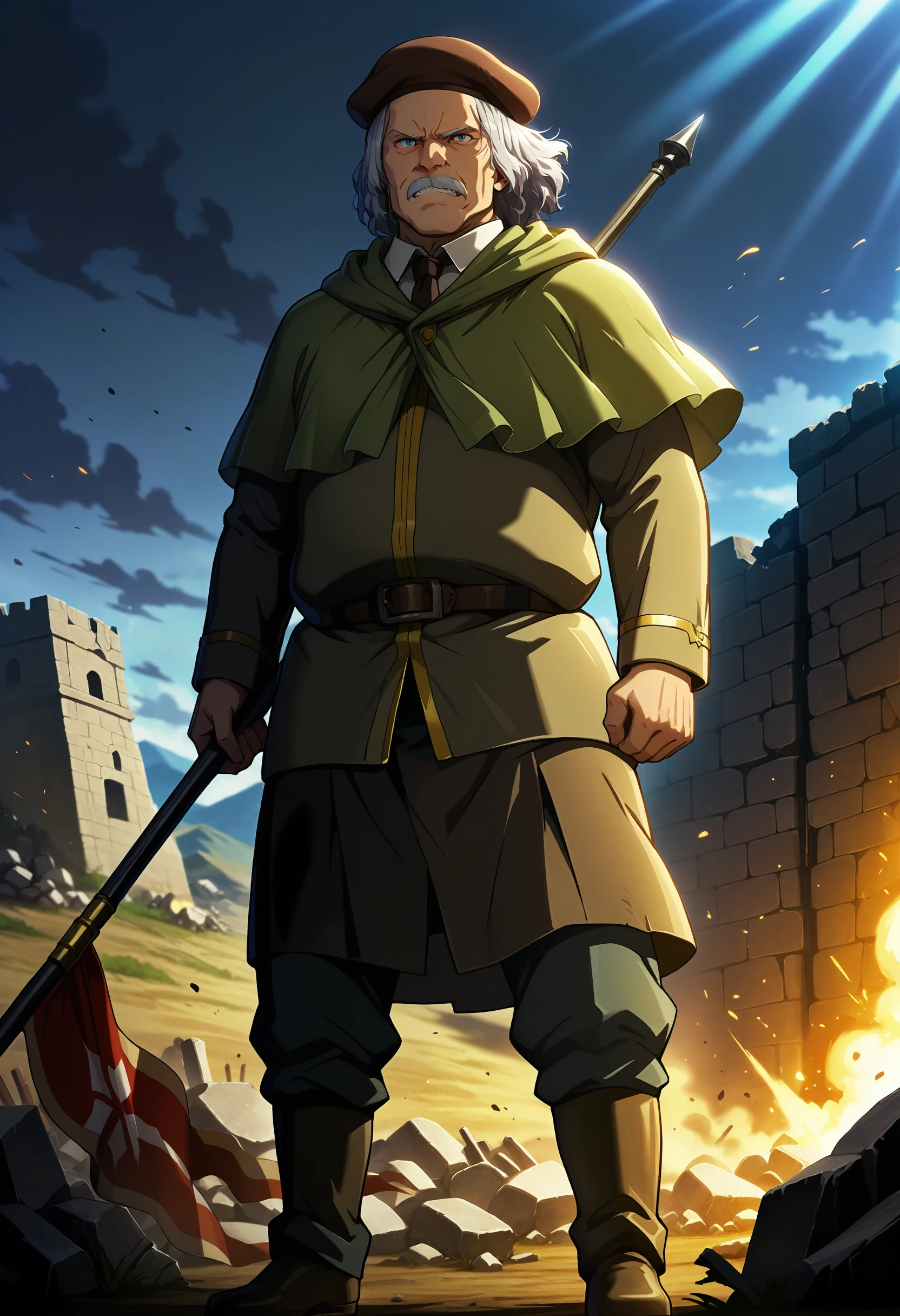 best quality, masterpiece, anime_screencap, hi res, best_quality, very aesthetic, absurdres, 8k, Thbrd, old man, 1boy, solo,
mustache,
serious, clenched_teeth,
holding_flag, wind,
standing, hat, jacket, capelet, necktie, shirt, belt, pants, footwear,, fantasy, outdoors, battlefield, beautiful lighting, ray traced, rubble