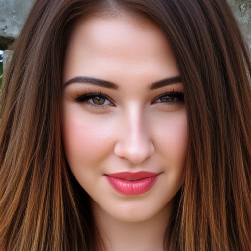 close-up photograph of a young woman named Mishka, framed by thick, expressive face with a slightly upturned nose, with a close-up view of her face. She has a fair complexion with a slight tan and a smooth, digital portrait of a young woman   named  Mishka, accentuated with dark eyeliner and mascara. Her eyebrows are well-groomed and natural-looking. Her lips are full and painted with a bright pink lipstick, adding a pop of color to her otherwise soft and natural appearance., framing her expressive eyes., with long