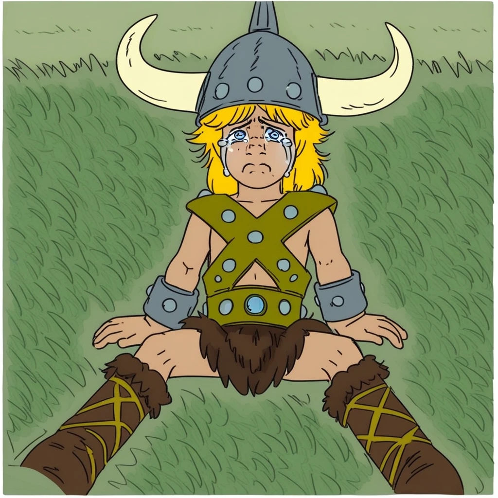 bobbythebarbarian, 1boy, solo, Young, Viking boy,  Blue eyes, freckles, blonde hair,messy Hair,tousled Hair,   Gray Viking helmet, hair peeking out from helmet, fake horns, top spike,  X-shaped chest straps with belt, circular side rivets,  brown fur skirt,   metallic wrist cuffs with rivets,  Brown boots, fur trim, yellow criss-cross laces,  park background, sitted, crying