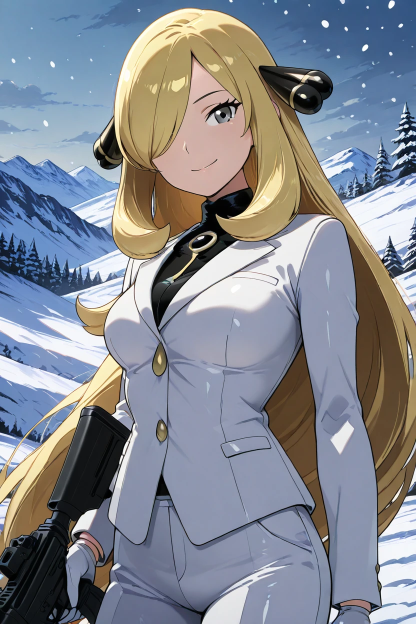 masterpiece, best quality, solo, curvy, beautiful eyes, C007Citron, grey eyes, hair over one eye, blonde hair, hair ornament, long hair, long sleeves, white gloves, white jacket, white pants, alternate costume, shirt, holding gun, snowing, assault rifle, smile, looking at viewer, <lora:Cynthia007IXL:1.0>, upper body, side view, smile, looking at viewer, shiny skin,<lora:TTitansStyleIXL:1.0>,