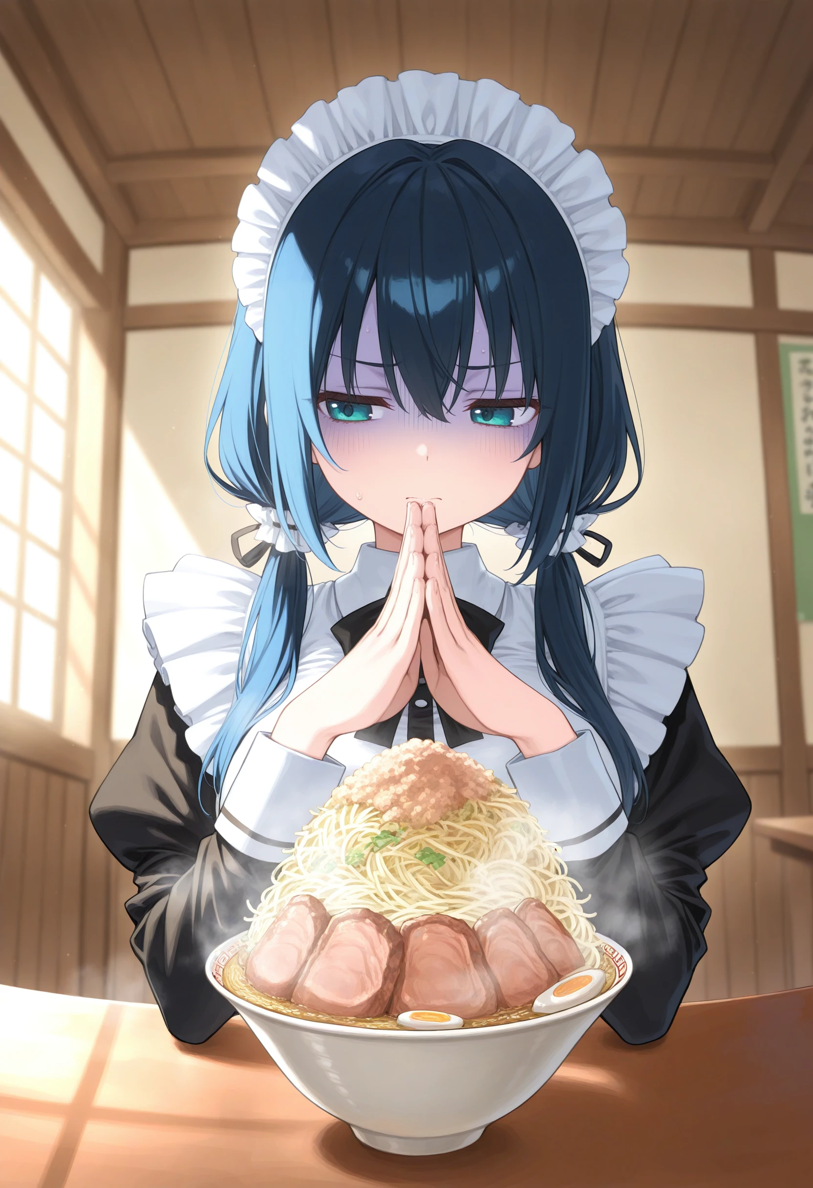 1girl,(sho \(sho lwlw\):0.7),(toosaka asagi:0.5),(sincos:0.3),solo,
masterpiece, best quality, newest, absurdres, CG, anime, source anime, illustration,
maid, maid headdress,medium breasts,
jirou,ramen,noodles, sitting, table, own hands together, palms together, hands up, steam, <lora:jirou_Illust_v1:0.8>
ceiling, portrait, looking away, blue hair, aqua eyes,turn pale, low twintails hair,