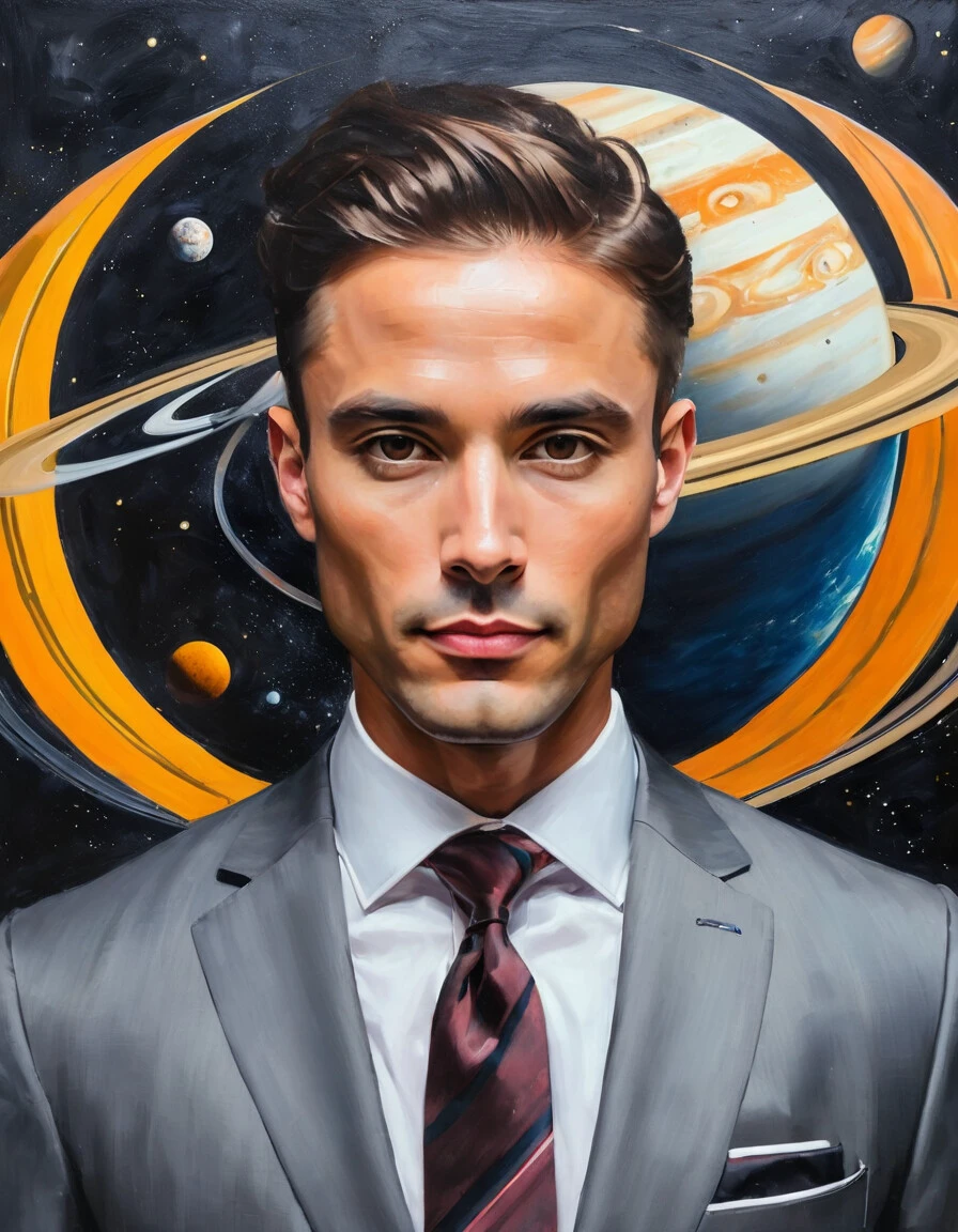 a man in a suit with a Saturn instead of his head, a surrealist painting, by Eglon van der Neer, unsplash, artwork in the style of guweiz, suit and tie, head and waist potrait, without eyes, with a big head, faceless people, head as a planet, professional profile picture, orange halo, realistic photo
