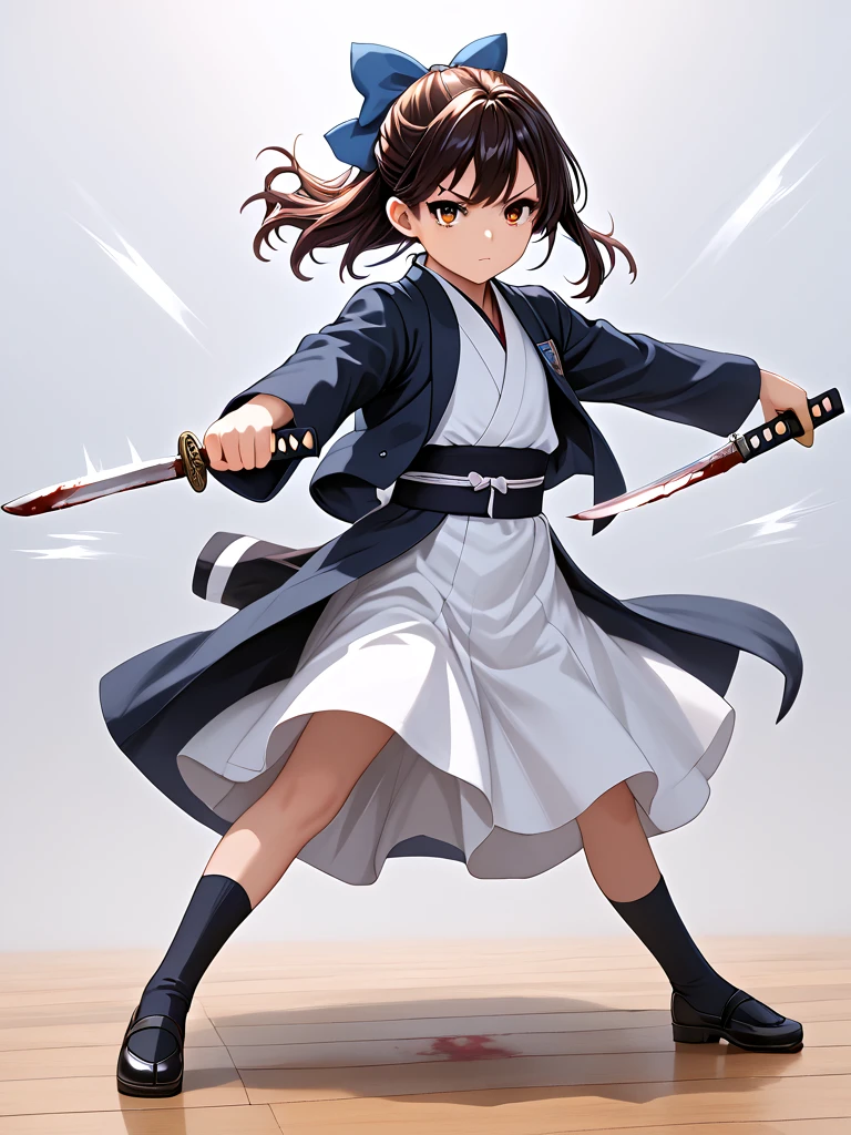 score_9, source_anime, holding katana, holding knife, hand on hilt, battle stance, dancing, lunge, 1girl, updo, hair bow, japanese clothes, open coat, full body, motion blur, motion lines, speed lines, wind lift, spin in place, [(((flaming_weapon, blood_on_knife))):14], <lora:girllikekatanaandknife_pony:0.6>