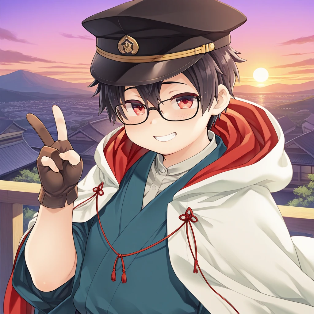 (masterpiece, best quality, amazing quality, colorful, vibrant, very aesthetic, detailed background), <lora:sagami-v1-000009:0.8> t-sagami, 1boy, glasses, red eyes, peaked cap, two-sided hooded cloak, japanese clothes, blue kimono, partially fingerless gloves, v, smile, hand up, smile, close-up, outdoors, sunset,