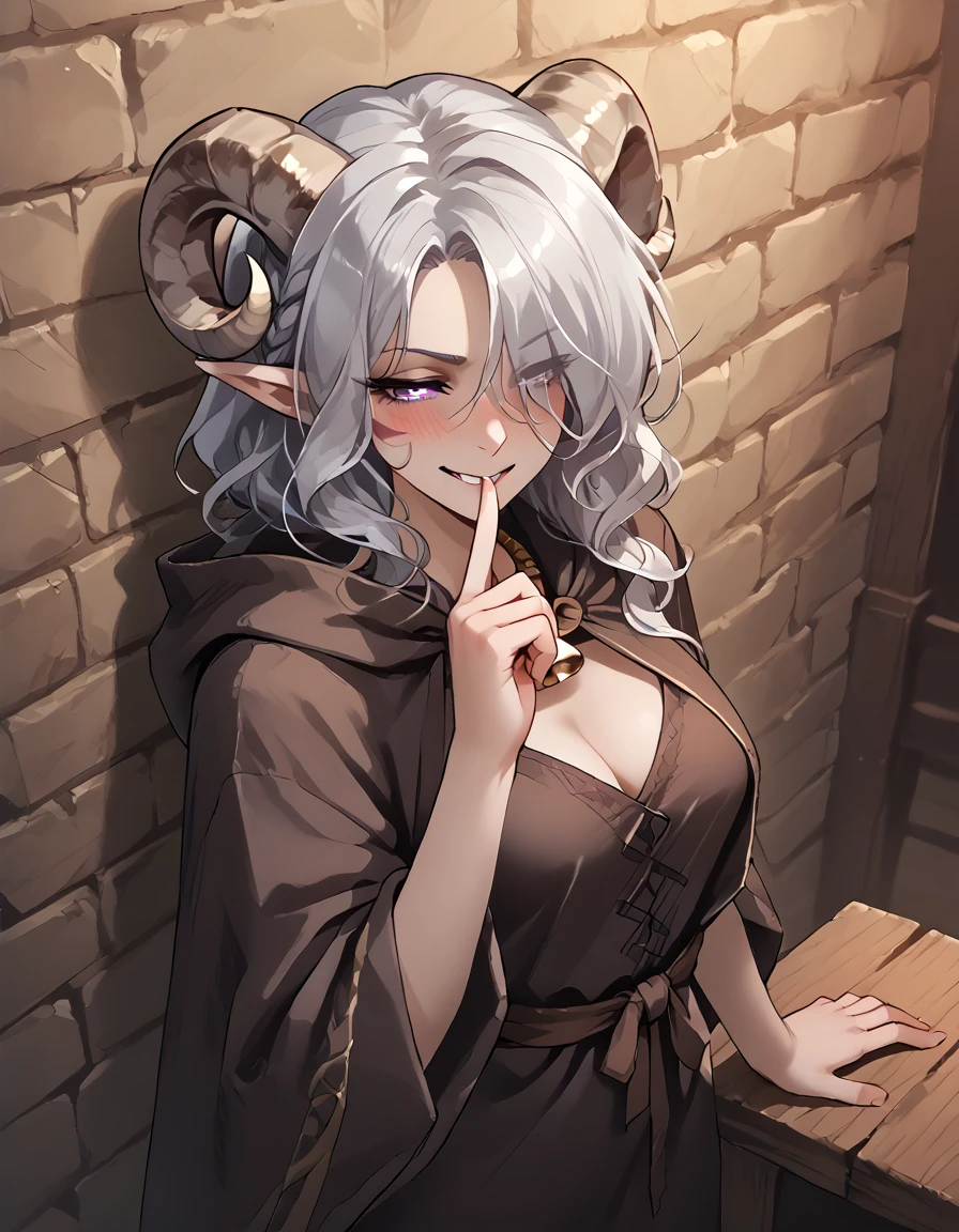 clothes_pull, fingers on lip, tavern, drunk, solo, blush, behind wall, brick , leaning back,cleavage, shirt,hand on robe, clothes lift,<lora:shushing:1.2> shushing,
<lora:whisker_markings:1>red whisker_markings:1.7,naughty face, pointy ears, tiefling, silver hair, ivory sheep horn,
silver long wavy hair, bell necklace, short pointy ears, purple eyes, <lora:age_slider_v4:1> purple pupils,rat tail, shirt, purple eyes, <lora:Test_Diana:0.7> tiefling_bard_diana:1.2, <lora:Erin Danua prefectPonyxl:0.2> parted bangs, hair over one eye, braid,
<lora:Travlers_Poncho:0.4> cloak , hood , hood up , skinny,
source_anime,score_7_up, looking back, grin,
from above