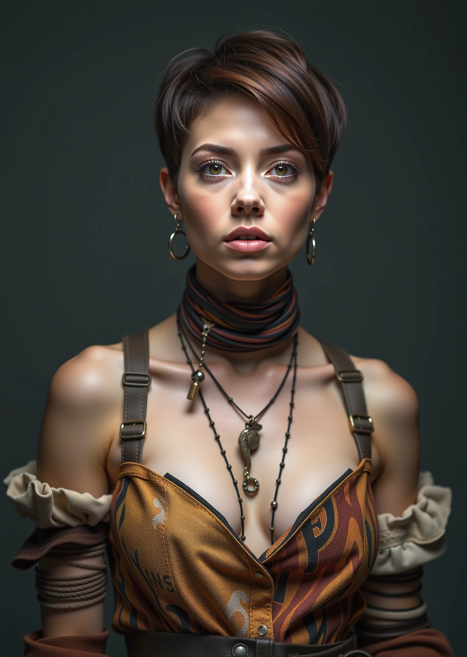 a captivating image of a beautiful woman,Pixie cut,Brown hair,dressed in a layered outfit with unexpected combinations of textures and colors,advocating for animal rights,masterpiece best quality ultra-detailed best shadow amazing realistic picture,Canon 5d mark 4,moody lighting