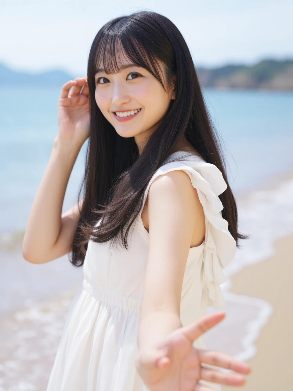 A smiling young Japanese woman named ichinose with long, straight, dark brown hair and bangs, wearing a white sleeveless blouse with ruffled shoulders, stands on a sunny beach. Her skin is fair and her figure is slim. She touched her hair with her left hand and reached out to the camera with her other hand. The background shows a calm ocean and distant hills. The overall color tone of the screen is bright and soft, and the bright light illuminates the entire scene.