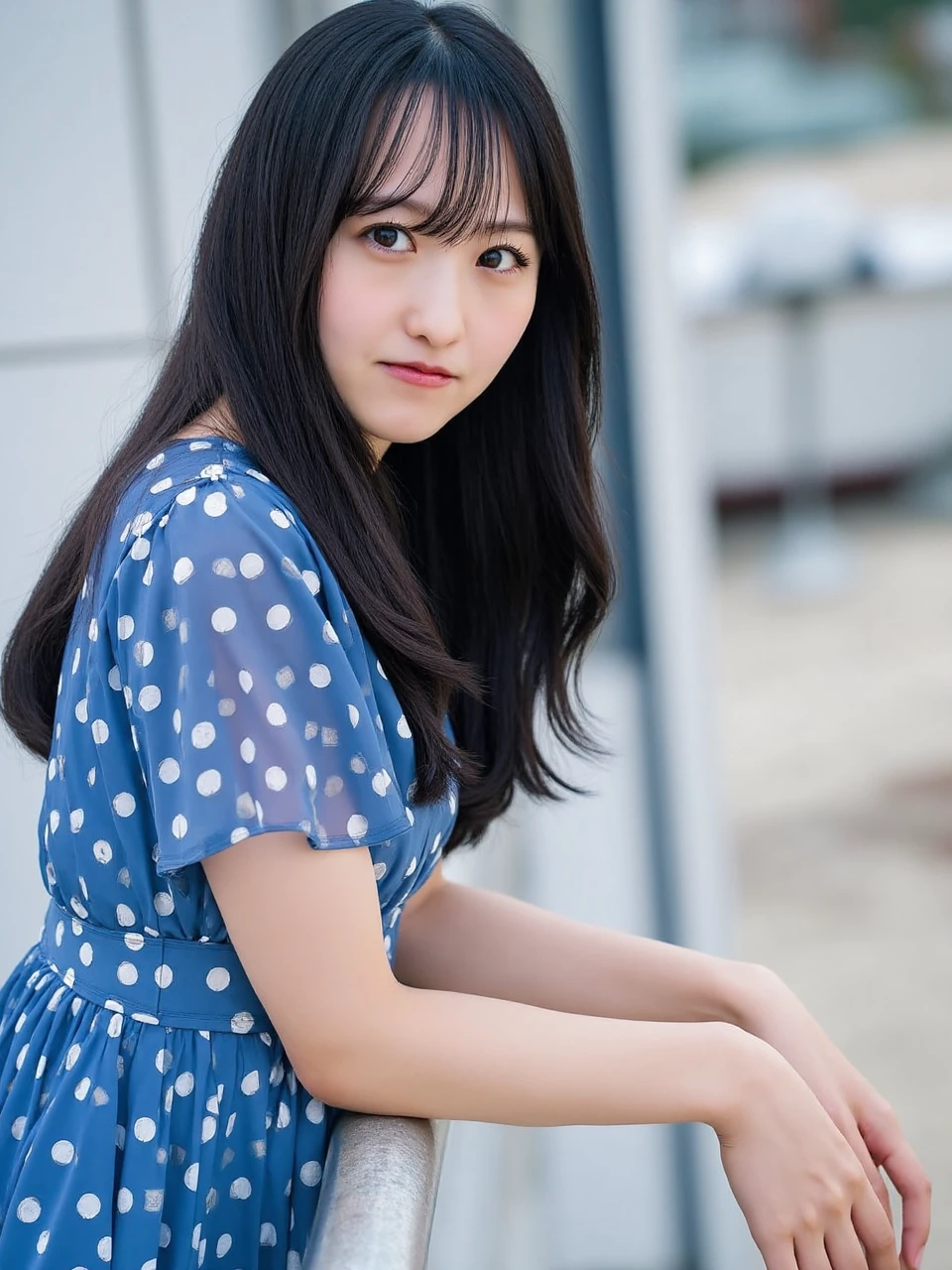 The image is a portrait of a young woman named ichinose with long dark hair and bangs. She is wearing a blue dress with white polka dots and is leaning on a metal railing. The background is blurred, but it appears to be an outdoor setting with a boat visible in the distance. The woman is looking directly at the camera with a serious expression on her face.