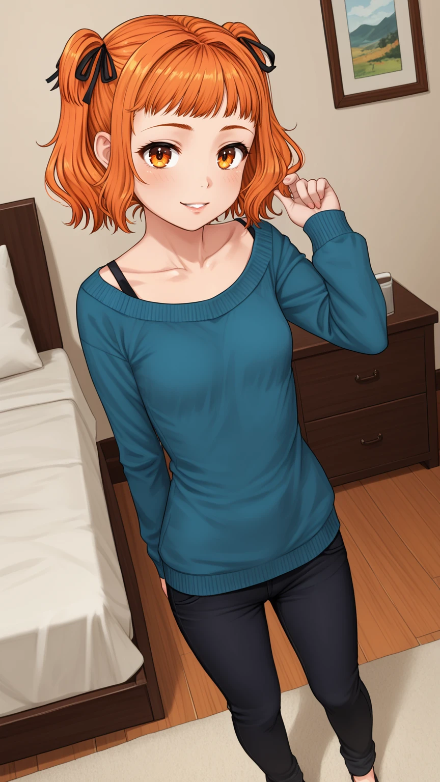 score_9, score_8_up, score_7_up, small_breasts, full_body, a_lot_of_details, indoors, looking_at_viewer, 143_cm_height, (posing:0.8), 
1girl, 18_years_old, solo, short_hair, (orange_hair:1.3), (orange_eyes:1.2), brown_eyes, hair_twirling, twin_tails, hair_ribbon, collarbone, sweater, warm_pants, (a_little_smile:0.5), (grin:0.5), (half-closed_eyes:0.7), (parted_lips:0.6),
<lora:lgg_anya_SEv2.0:0.7>, lgg_anya, person