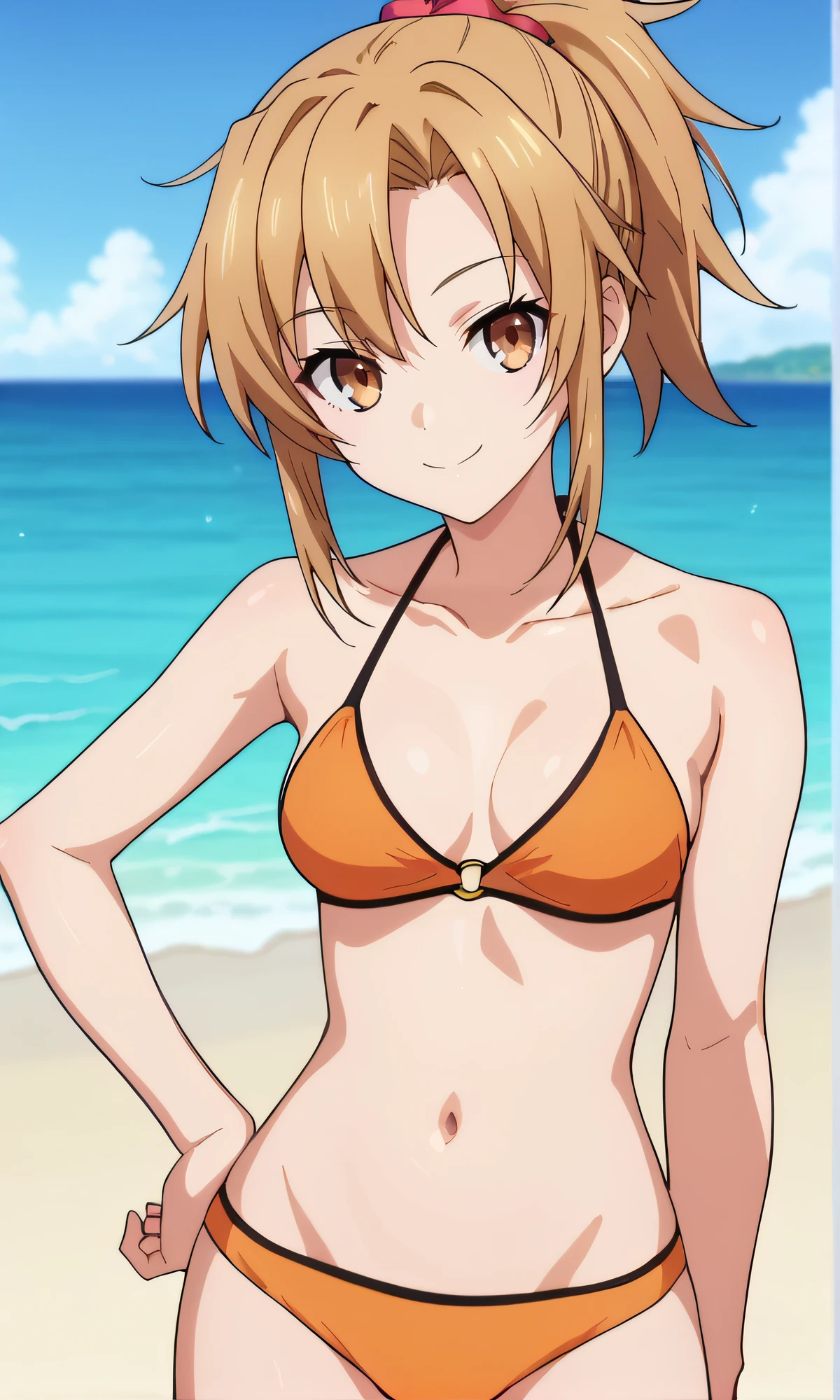 score_9, score_8_up, score_7_up, source_anime, rating_safe, intricate details, anime screencap, official style, anime coloring, 1girl, solo, <lora:Yamabuki_Ai:1>, yamabukiai, light brown eyes, light brown hair, ponytail, orange bikini, halterneck, looking at viewer, smile, hand on hip, five fingers, navel, outdoor, beach, ocean behind