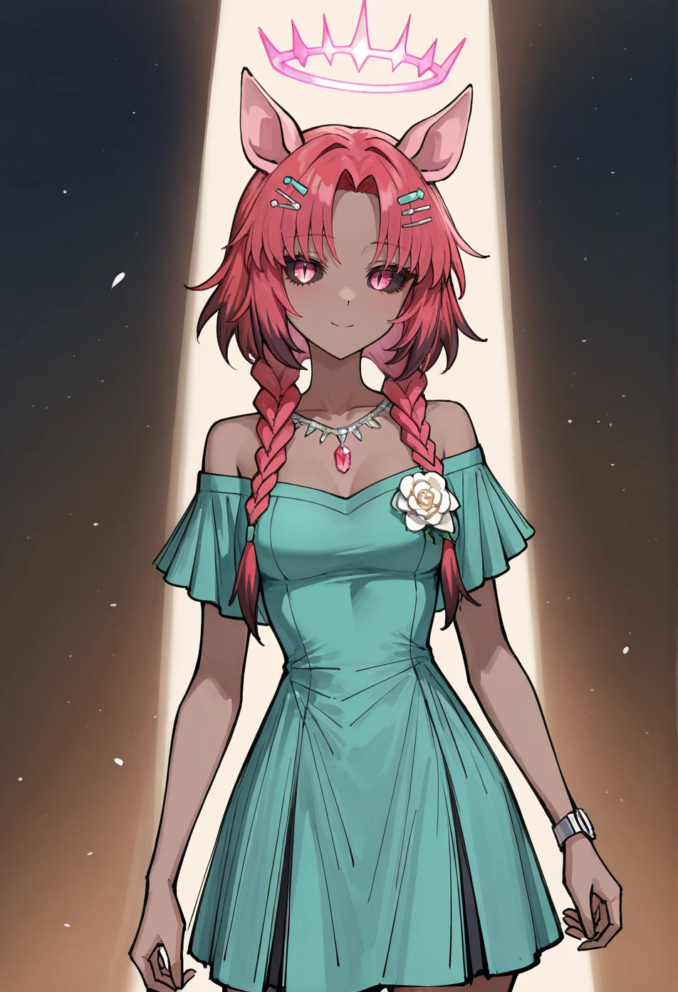 masterpiece,absurdres,best quality,very aesthetic,newest,volumetric lighting,female,solo,vibrant red hair,Halo Braid with Gem Hairpins,Pink and magenta two-tone hair,parted bangs,tiny breasts,pink eyes,looking at breasts,black sclera,slit pupils,Dark skin,Turquoise dress,Off-shoulder jacket,boutonniere,short sleeves,sepia dress,tennis dress,happiness,no tail,pig ears,no makeup,Lush Grassland with a Herd of Wild Horses Running Freely,<lora:FateSamurai_Style:0.6>, faturaistyle,(sketch:1.2),