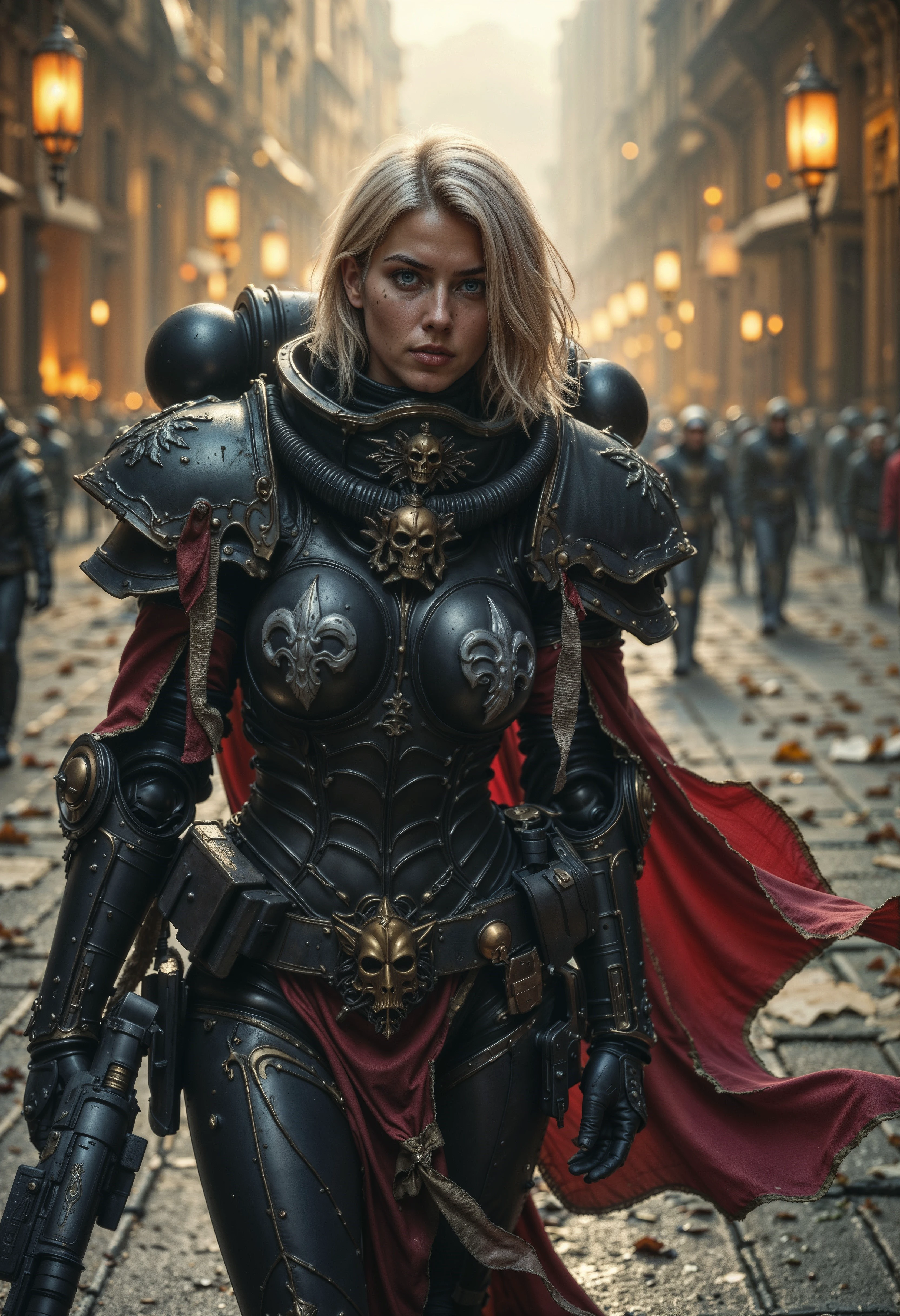 SisB40K, ultra realistic blonde woman wearing SisB40K armor <lora:FluxSisB40K:1> <lora:FluxMythR3alisticF:0.8>
