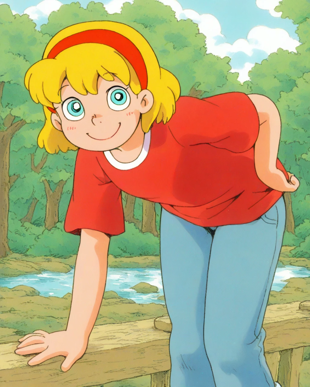 masterpiece, best quality, 1girl, penny, blonde hair, twintails, blunt bangs, blue eyes, brown shoes, (wristwatch:0.6), full body, waterfall background, flat torso, ass, pussy, squatting, shy, wet body, nude body, spread legs