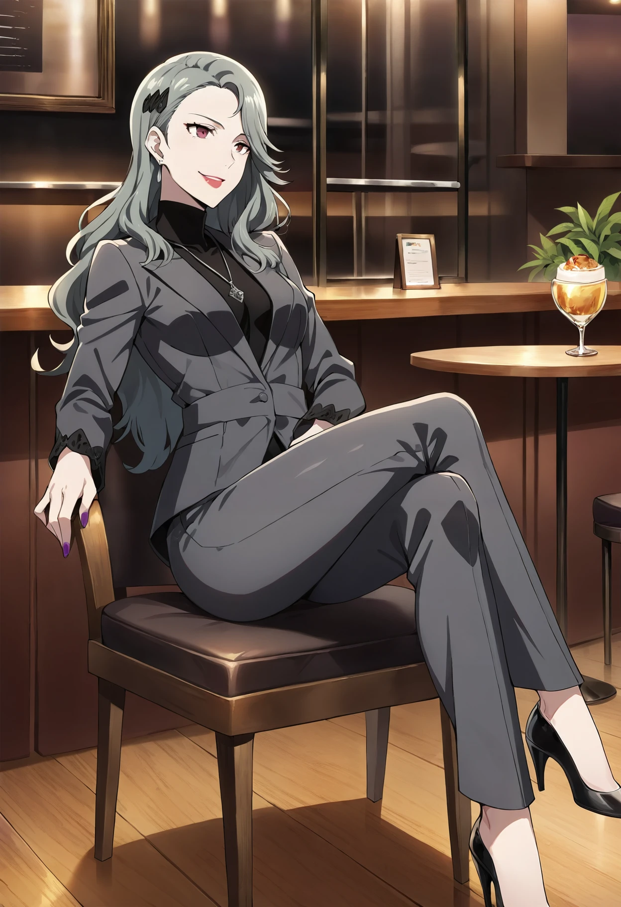 (masterwork, award-winning, masterpiece, best quality:1.2), 
1 girl, solo, cute face,
p5sae, sae niijima, long hair, grey hair, lipstick, makeup, earrings, hair ornament,
p5sae-default, grey pant suit, formal, turtleneck, suit, purple nail polish, black pumps, high heels,
cafe, sitting, chair, coffee, leaning back, smiling, relaxing, legs crossed,