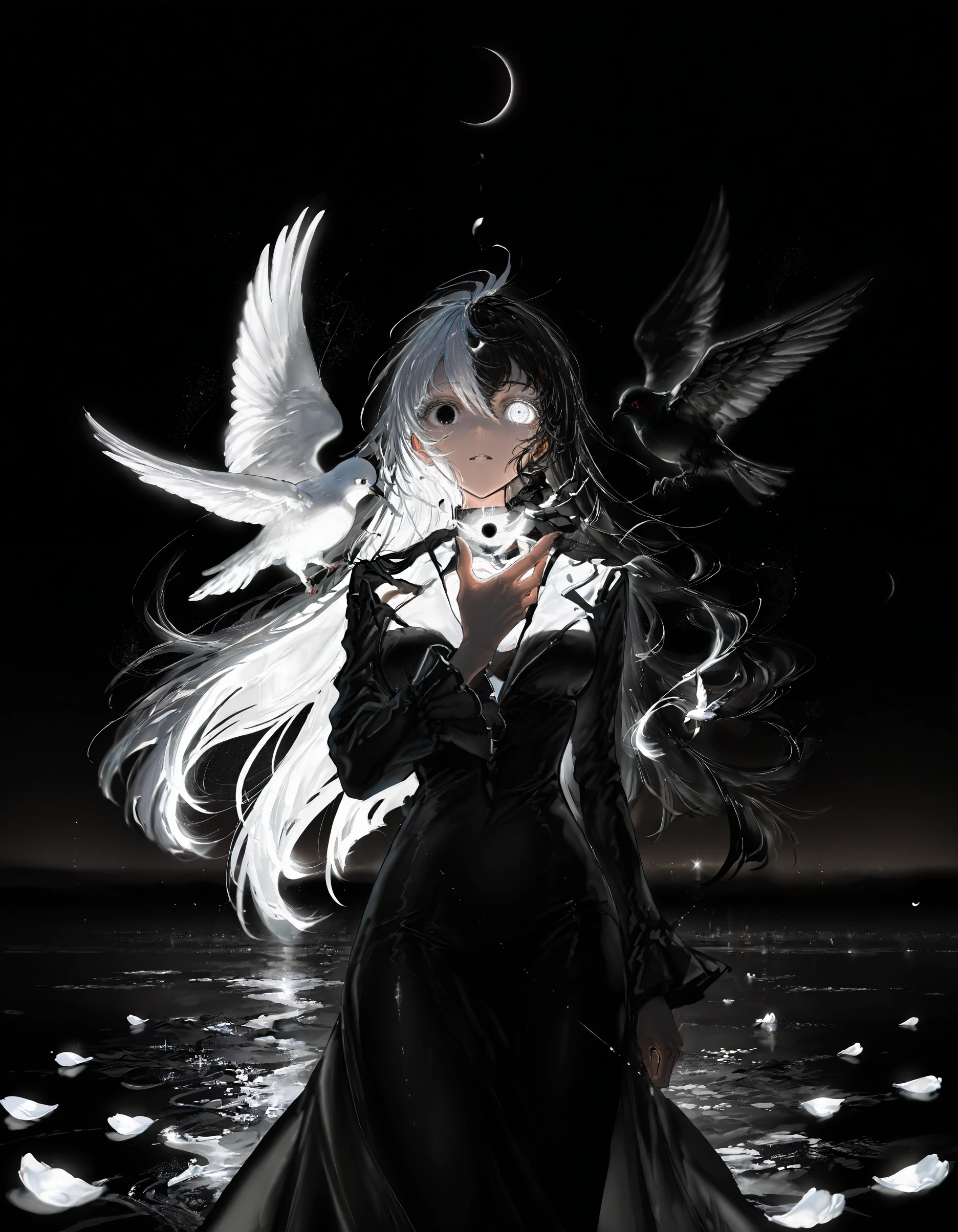 incredibly absurdres, highres, masterpiece,best quality, newest, <lora:g1gzagu123:1>,g1gzagu123_illu,1girl,heterochromia, black eyes, white eyes, split-color hair, black_hair,white,detailed_hands, night,moon,eclipse, <lora:Abstract:0.4>,white petals,black petals, white bird, black bird, aura,depth of field, light particles, incredibly absurdres, highres, masterpiece, newest,