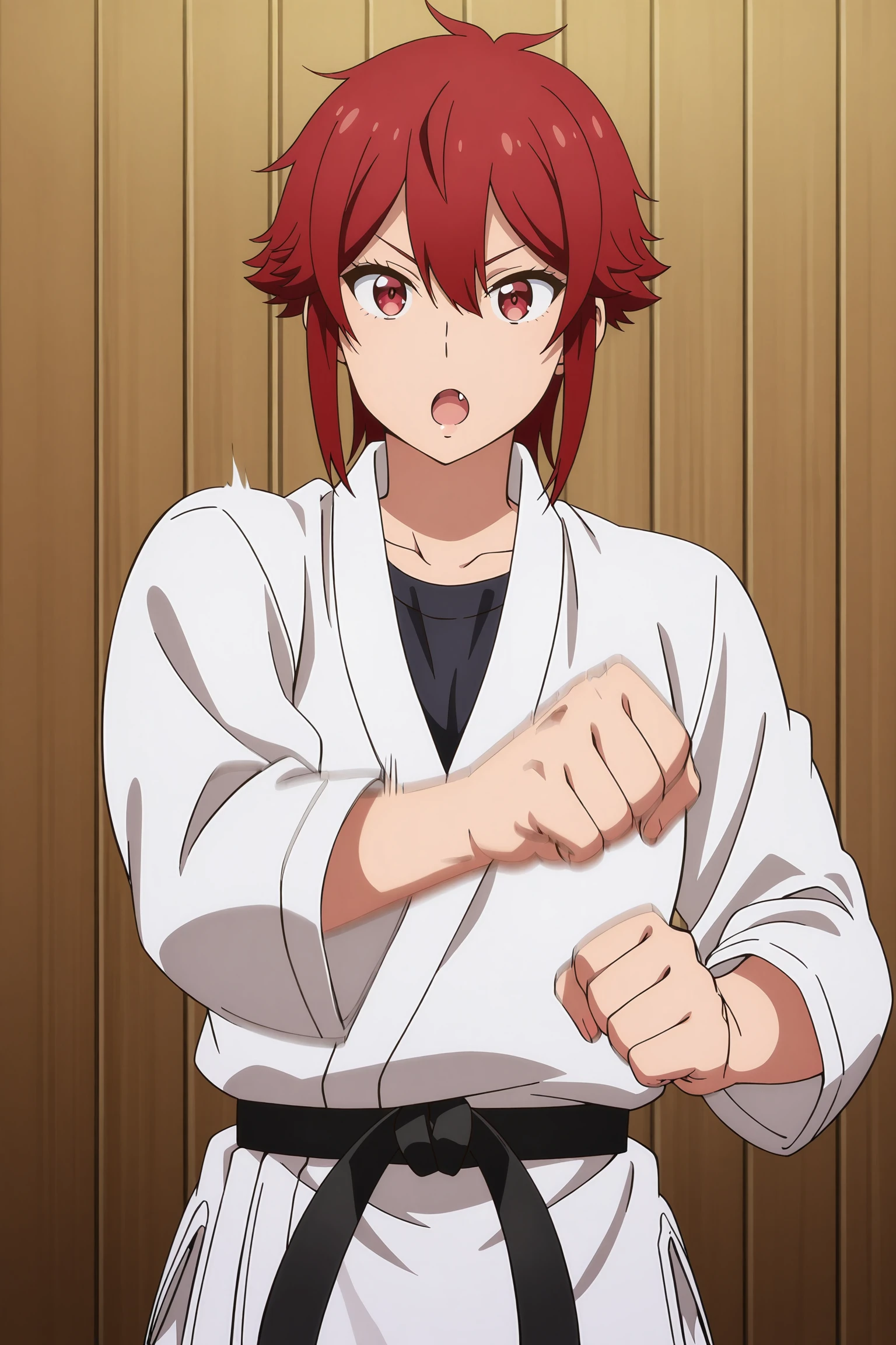 anime coloring, anime screencap, masterpiece, best quality,
<lora:Tomo_Aizawa_Tomo-chan_is_a_Girl_-_Illustrious:.7>,
Tomo Aizawa, 1girl, dougi, solo, red eyes, red hair, fang, short hair, collarbone, belt, tomboy, black belt, sidelocks, hair between eyes, indoors, fang, :O, karate gi, wooden wall, opened mouth, karate punch, punching toward the viewer, motion lines, motion blur, arm out directly at viewer, (dutch angle)