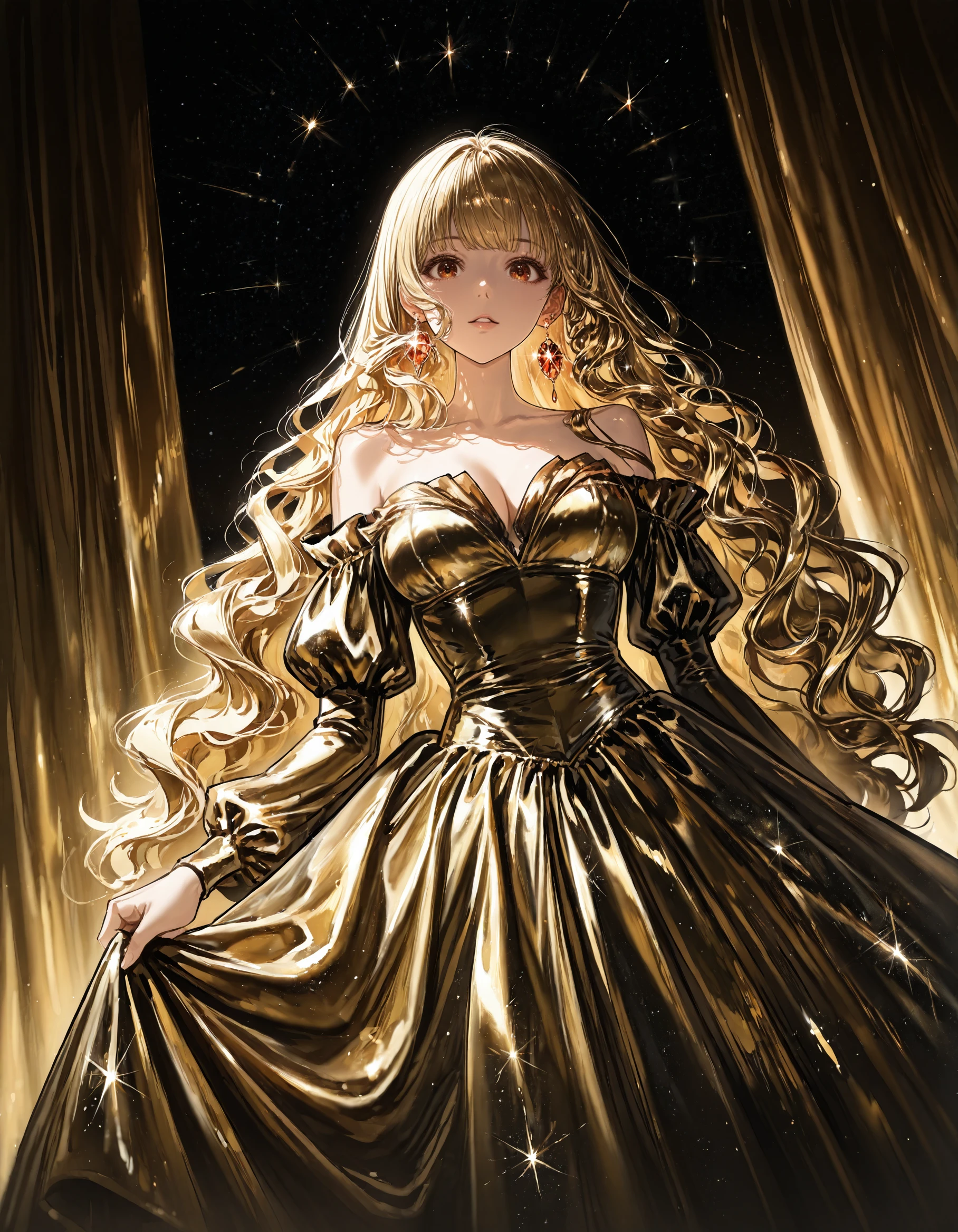 masterpiece, best quality, very aesthetic, digital art,1girl, solo, gown, long wavy hair, golden gown, black starry background, looking at viewer, golden blonde hair, curtain bangs, off-shoulder gown, parted lips, glittering background, amber eyes, intricate earrings, radiant glow
,highly detailed, hyper-realistic, 8k, dynamic angle, illustration, intricate details,masterpiece, very aesthetic, absurdres, <lora:g1gzagu123-000014:1>