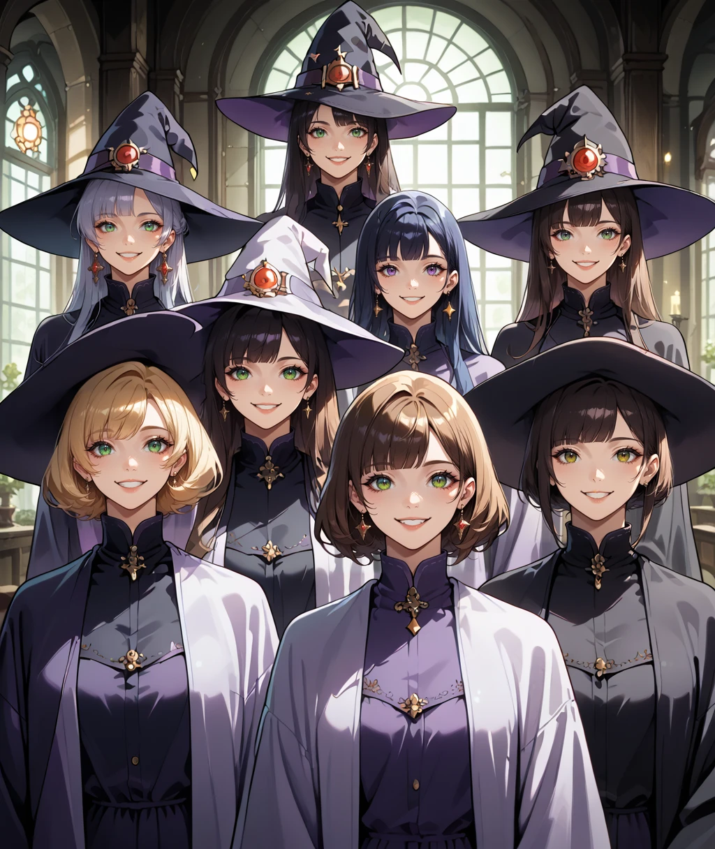 score_9,score_8_up,score_7_up,source_anime,rating_safe,higres illustration,masterpiece,<lora:girls_lineup_pony:1>,lineup,smile,witch hat,robe,dark room,