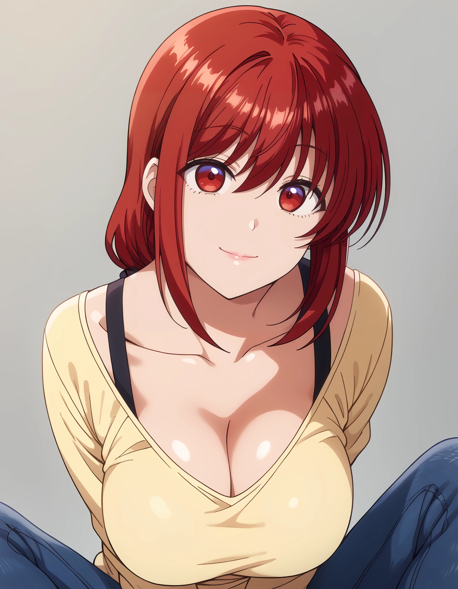 <lora:natsumi_pony:1> score_9, score_8_up, score_7_up,source_anime, rating:safe, natsumi, long_hair, red_hair, red_eyes, mature_female, yellow_shirt, denim, jeans, 1girl, bare_shoulders, breasts, cleavage, closed_mouth, collarbone, eyelashes, grey_background, large_breasts, looking_at_viewer, pink_lips, smile, solo, upper_body, (tsuruse:0.8, nori_tamago:0.8), masterpiece, detailed, best_quality