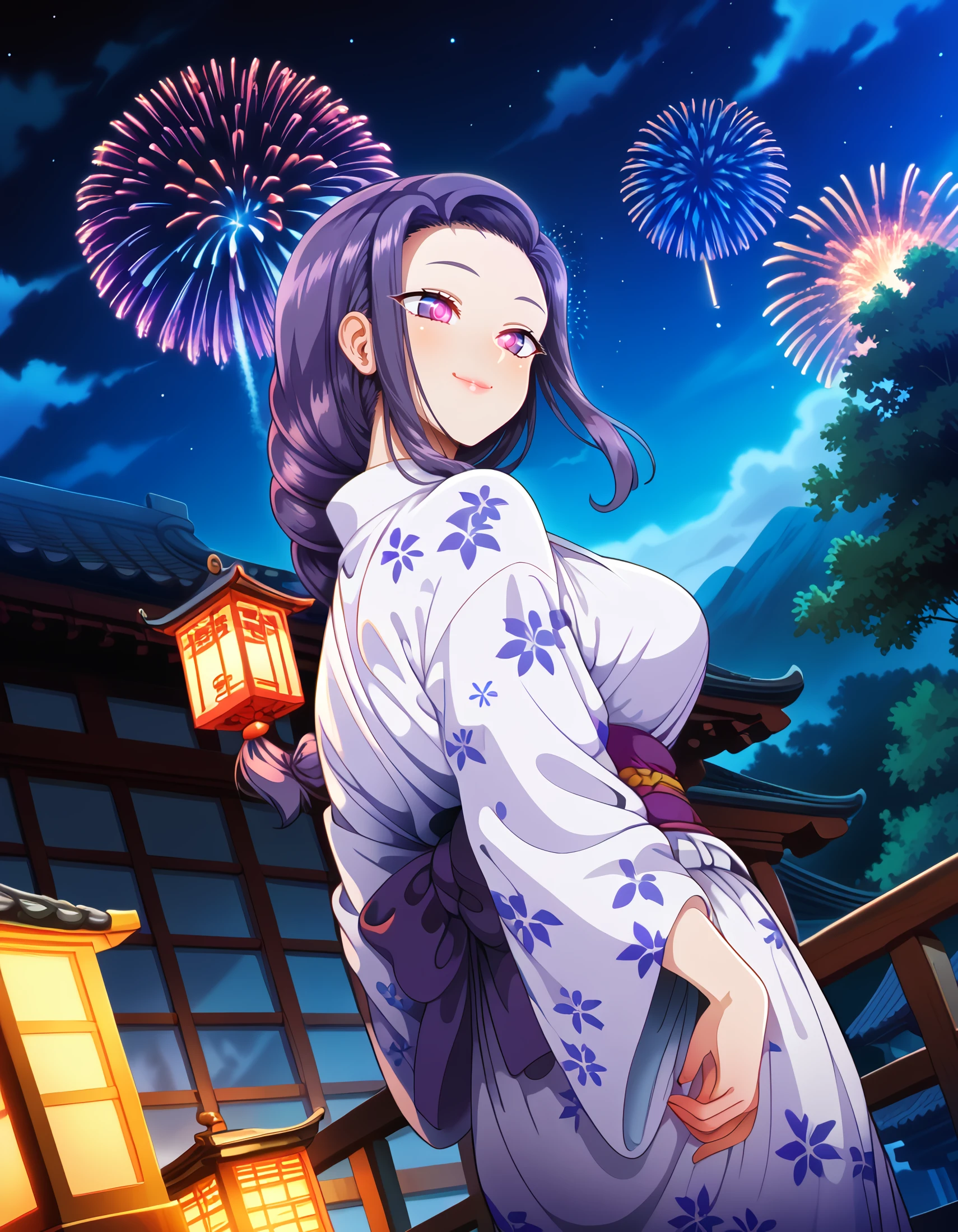 <lora:tsubaki_pony:1> score_9, score_8_up, score_7_up,source_anime, rating:safe, tsubaki, long_hair, black_hair, purple_hair, braid, purple_eyes, mature_female, japanese_clothes, 1girl, aerial_fireworks, architecture, arms_behind_back, closed_mouth, dot_nose, dutch_angle, east_asian_architecture, film_grain, fireworks, floral_print, from_behind, lantern, looking_back, night, night_sky, outdoors, paper_lantern, purple_sash, railing, sash, sky, smile, solo, sparkle, star_\(sky\), starry_sky, summer_festival, tree, wooden_railing, yukata, lens_flare, floating_hair, floating_clothes, (neocoill:1.0),, masterpiece, detailed, best_quality