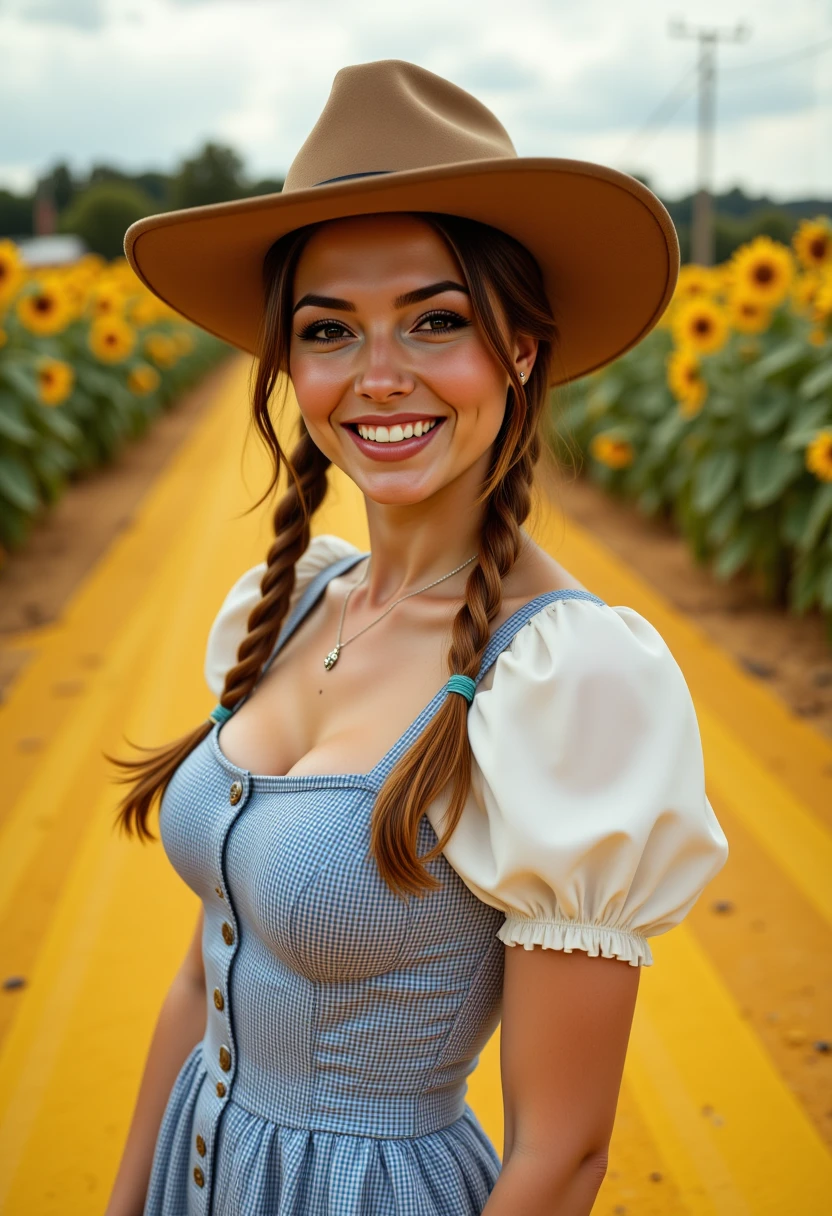 cowboy shot, dyamic angles, multiple angles, she is looking at the camera, with adoration, retro50s_style, photoshoot poses; the image is a portrait of a MPV@Danny_PD_Milf_WBFV . she is standing. she has piercing eyes. She is cosplaying as dorthy from the wizard of oz, the dress hangs past her knees.  She has happy look on her face. she is laughing with her mouth open. She is outdoors, standing on the yellow brick road from the wizard of oz movie. on each side of the road is a field of sunflowers. The overall mood of the image is happy.RAW candid cinema,16mm,color graded portra 400 film,remarkable color,ultra realistic,textured skin,remarkable detailed pupils,realistic dull skin noise,visible skin detail,skin fuzz,dry skin,shot with cinematic camera,detailed skin texture,(blush:0.2),(goosebumps:0.3),subsurface scattering,beautiful photograph in the style of Augustus John,Sergio Toppi,Virginia Frances Sterrett,8k HD,detailed skin texture,ultra realistic,textured skin,analog raw photo,cinematic grain,whimsical.perfection style, looking at the Camera, looking at the Camera, looking at the Camera,aidmafluxpro1.1