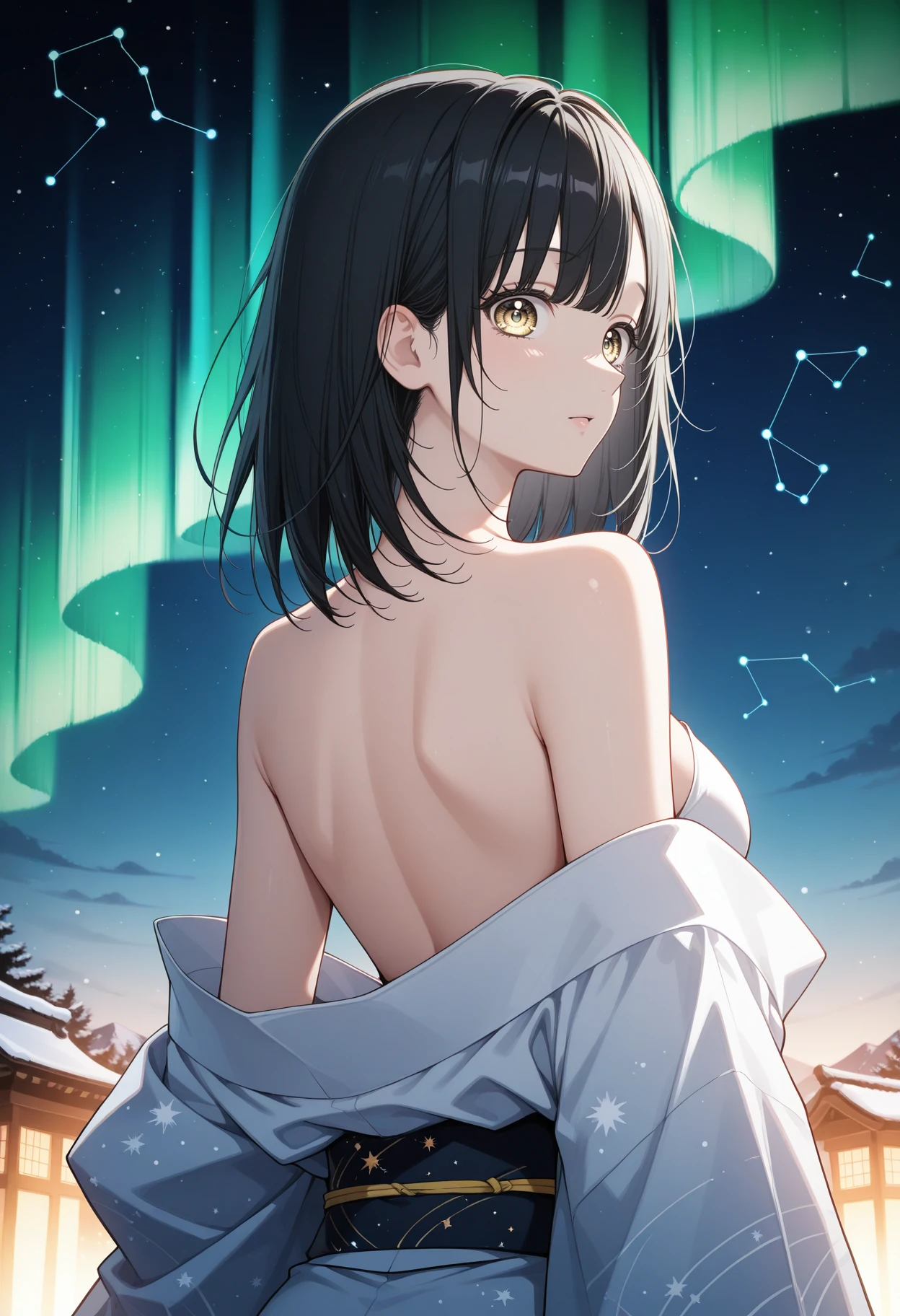 masterpiece, best quality 1girl,solo, black hair, medium hair, yellow eyes,
looking back, aurora, back, bare back, bare shoulders, constellation, from behind, kimono, light particles, long sleeves, off shoulder,looking at viewer,
<lora:ishimori_uka_meipaws_1:1>