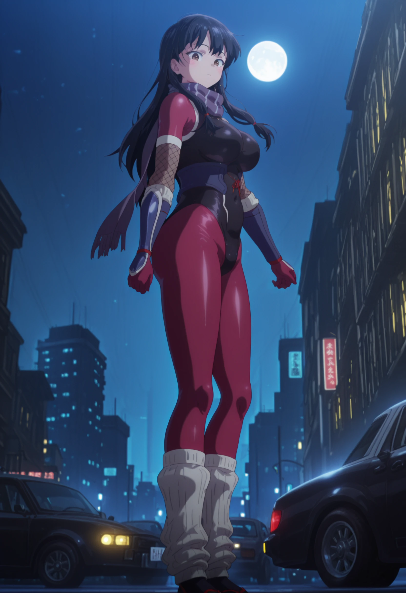 1girl, woman,  detailed face, anime style,
lilac bodysuit, black leotard, arm guard, braces, white trim, leg warmers, tabi, ninja, fishnets, standing, purple scarf,night, spectacular background,,yamada anna, long hair, black hair, brown eyes, mole on neck, <lora:Anna_Yamada_The_Dangers_in_My_Heart_-_Illustrious:1>,  from side, looking down the streets, night city, lights, high building from side, moonlight, cars, looking at viewer,, masterpiece,best quality,absurdres, amazing quality,detailed eyes,