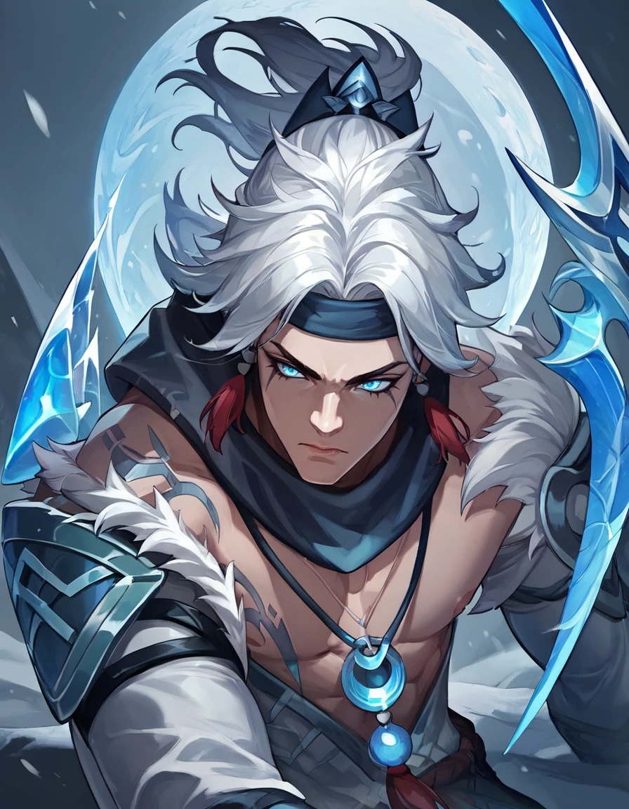 Conceptual Art, Snow_Moon_Varus, solo, long hair, bangs, blue eyes, 1boy, jewelry, closed mouth, upper body, ponytail, weapon, white hair, male focus, necklace, armor, fur trim, headband, glowing, shoulder armor, glowing eyes
 <lora:add-detail-xl:1> <lora:Expressive_H:1> <lora:Silverjow-Pony-XL-v6:0.6> <lora:Snow_Moon_Varus-03:1>, score_9, score_8_up, score_7_up, beautiful aesthetic, very intricate, high quality details, rating_explicit, (perfect anatomy:1.4),(ultra detailed:1.4),, concept art