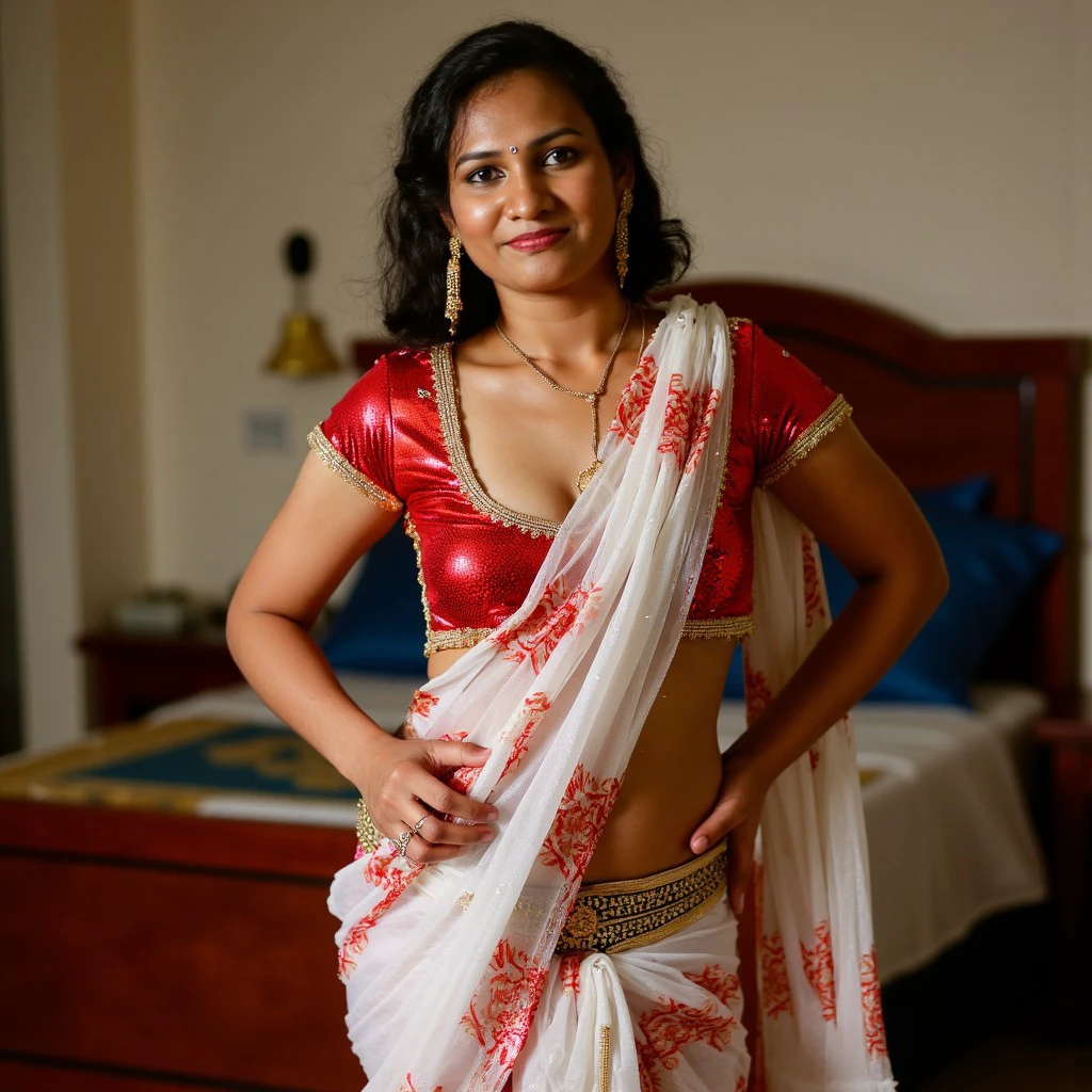 wife has perfectly fit body figure with big breast and indian dusky skin tone and bob cut black hair.wearing half sleeve glossy wet vibrant red sequins blouse and white floral print twisted and twirled bhojpuri nylon item dancer saree tugged and pinned to waist , no makeup, no jewels . High quality photo.photo taken in nikon camera.full size photo.indoor photo.front photo.full size photo, Looking at viewer, she provocatively dancing, undraping and stripping her the saree , one masked old men strip her saree and another masked old men grabbing her breasts ,sex position favouring bed room, psychedelic background