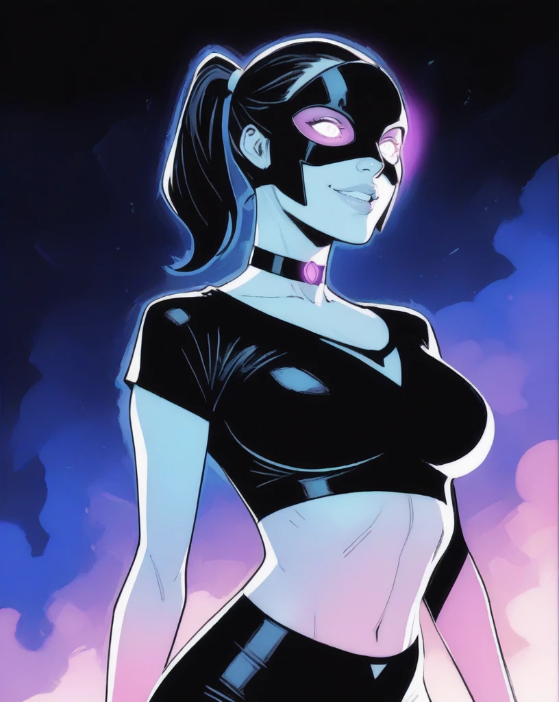 mature female, (purple glowing eyes), black uniform, mask, ponytail, choker, crop top, smile, parted lips, detailed, masterpiece, absurdres, best quality, dark, grayscale, lineart, Clay Mann, masterpiece \(quality\), best quality, colorful, bright colors, saturated <lora:ClayMann-000028:0.85>