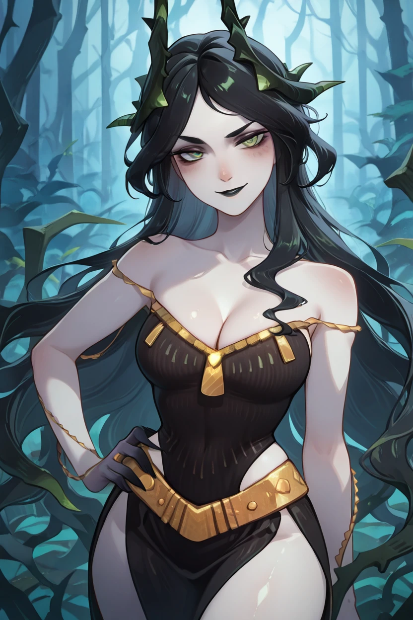 masterpiece, best quality, solo, curvy, beautiful eyes, zzCecia, green eyes, horns, grey skin, black lips, colored skin, black hair,  pale skin,  long hair, bare shoulders, dress, black dress, side slit, cleavage, jewelry,  <lora:CeciaAFKIXL:1.0>, cowboy shot, hand on hip, smug, smile, looking at viewer, shiny skin,