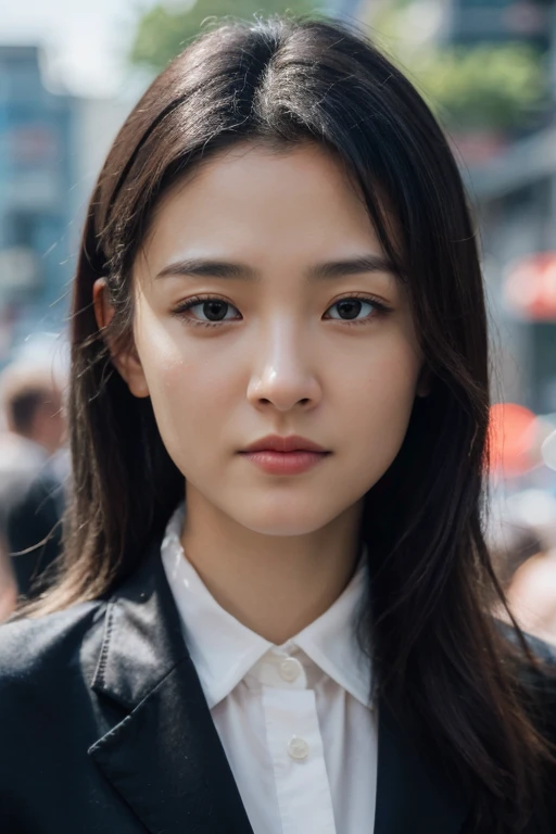 masterpiece, best quality, ultra-detailed, ultra high res, (photorealistic:1.4), raw photo, (realistic:0.2), 8k HDR, bright realistic lighting, 1girl, solo, looking at viewer, asymmetrical hair, (detailed pores), (detailed skin textures), (detailed face), (simple gray background :1.2), (upper body:1.3), black suits, white collared shirts, black pants,