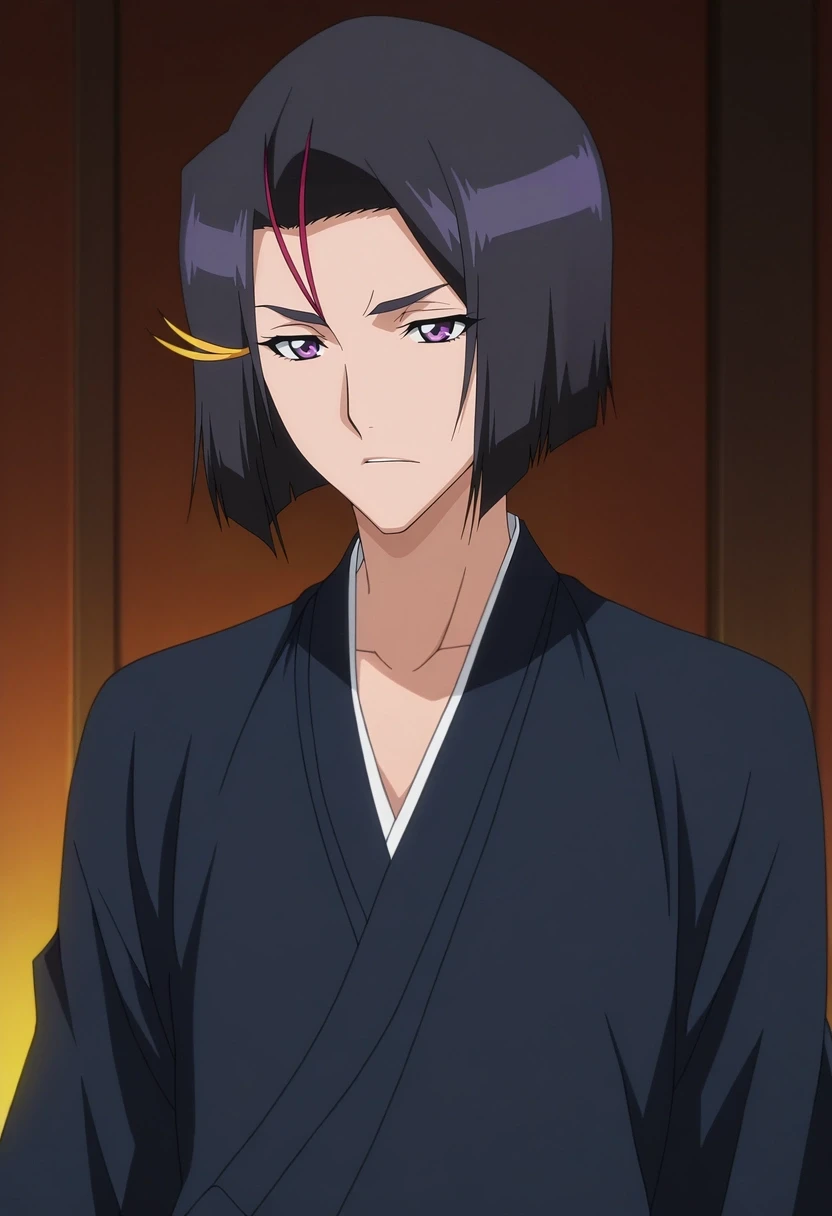 masterpiece, best quality, , anime screencap, anime coloring, , , 1boy, solo, male focus, <lora:yumichika_ayasegawa_ilxl:0.9>, yumichika_ayasegawa, black hair, purple eyes, short hair, hair ornament, , ,