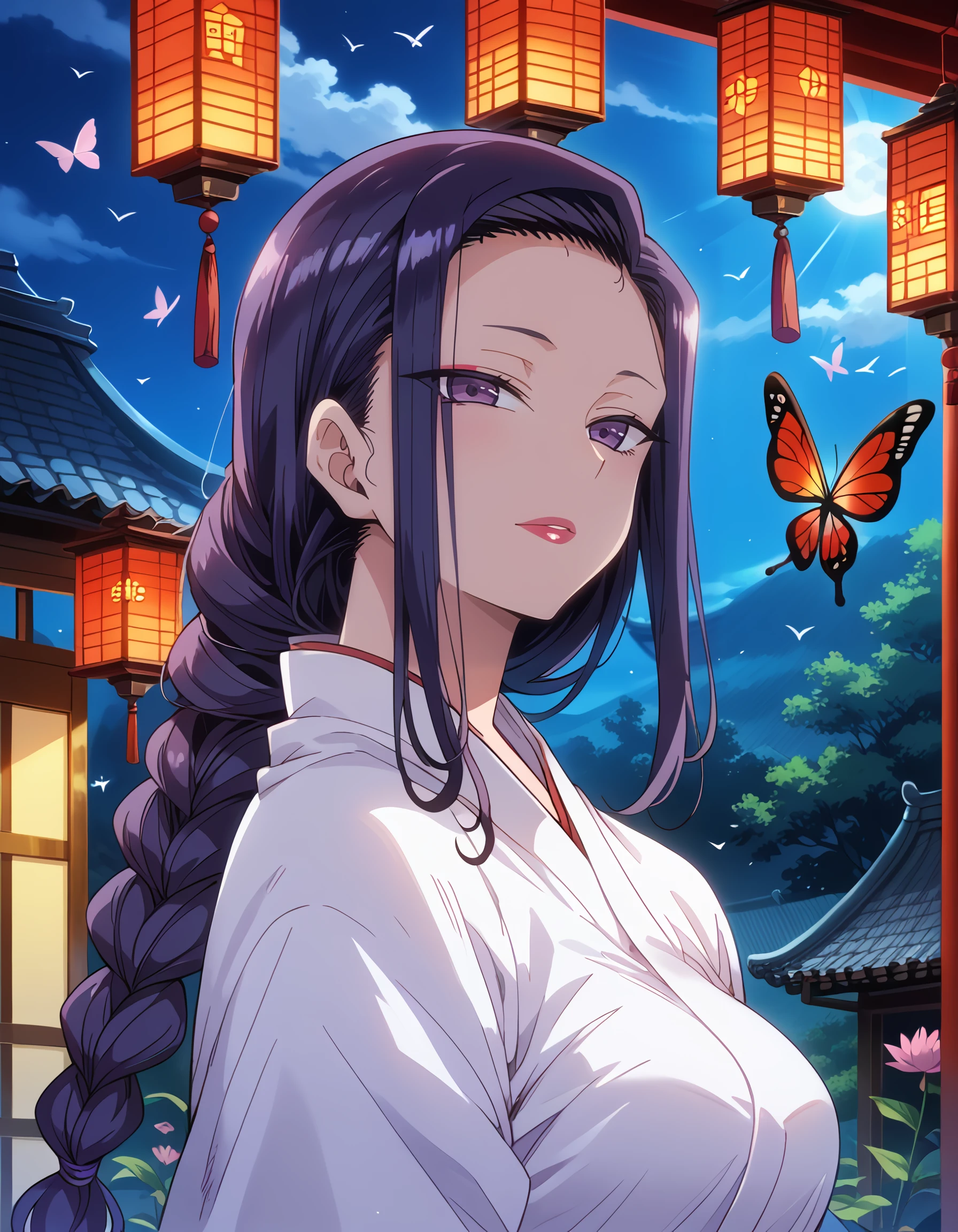 <lora:tsubaki_pony:1> score_9, score_8_up, score_7_up,source_anime, rating:safe, tsubaki, long_hair, black_hair, purple_hair, braid, purple_eyes, mature_female, japanese_clothes, 1girl, backlighting, bird, bug, butterfly, chinese_text, flower, hanfu, huadian, lantern, looking_at_viewer, lotus, makeup, night, red-crowned_crane, red_hanfu, red_lips, solo, upper_body, white_butterfly, lens_flare, floating_hair, floating_clothes, (tsuruse:1.1),, masterpiece, detailed, best_quality