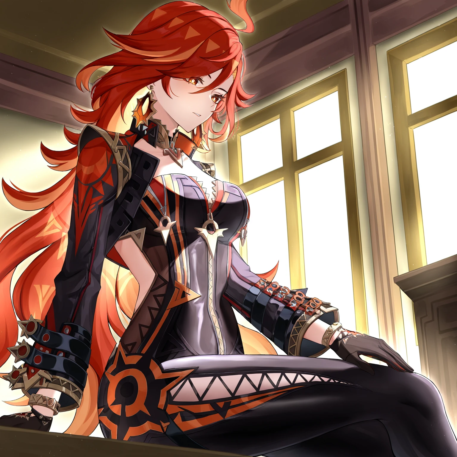 <lora:mavuika:0.9>,mavuika \(genshin impact\),1girl,red hair,long hair,gloves,bodysuit,black gloves,earrings,jacket,biker clothes,indoors,, masterpiece, best quality, good quality, newest, very awa, absurdres, highres,