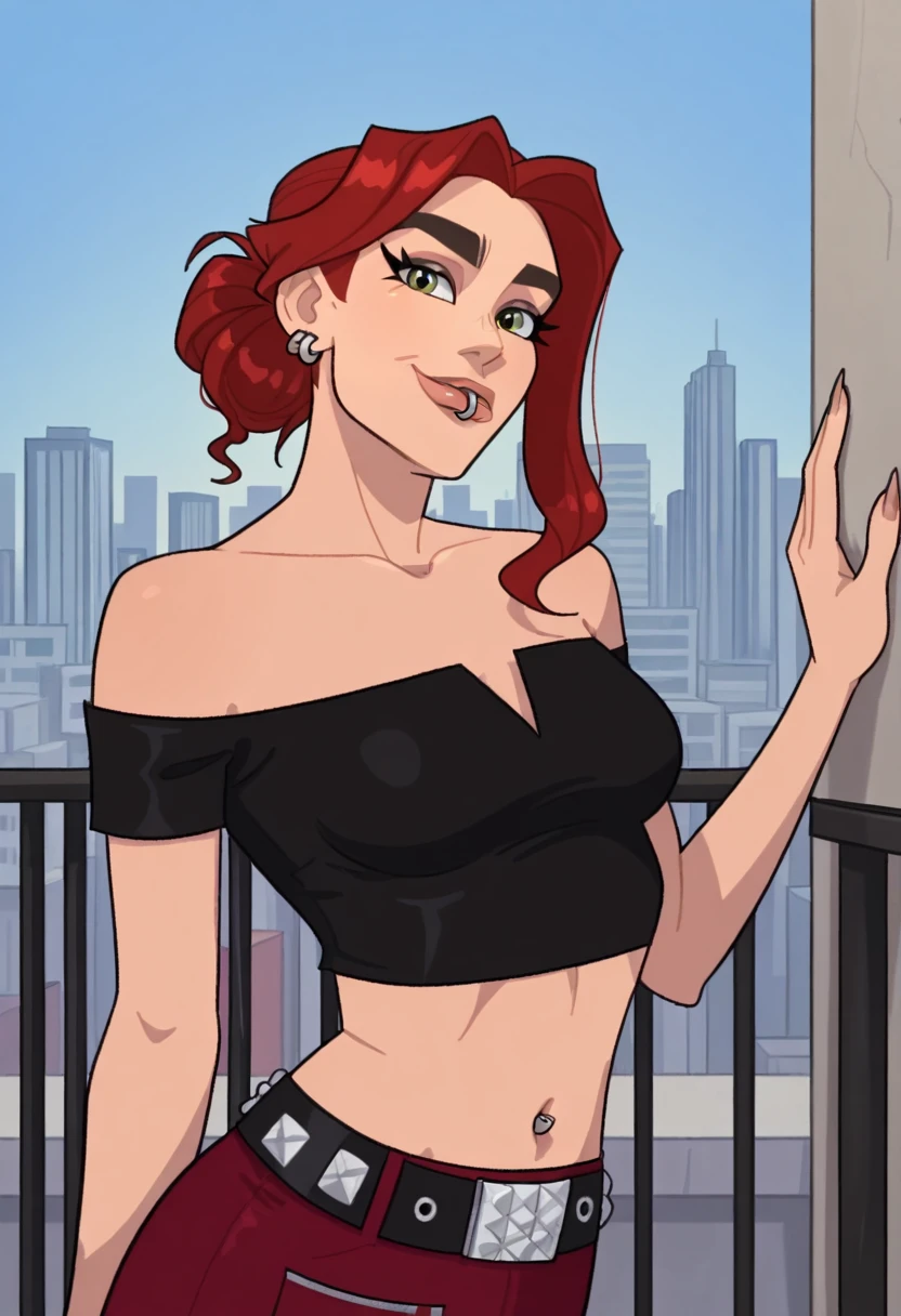 hard lines, val_flags, lip_piercing, ear_piercing, 1girl, red hair, green eyes, looking at viewer, wearing black crop top, midriff, medium breasts, studded belt, red skirt, flirty look, cityscape background