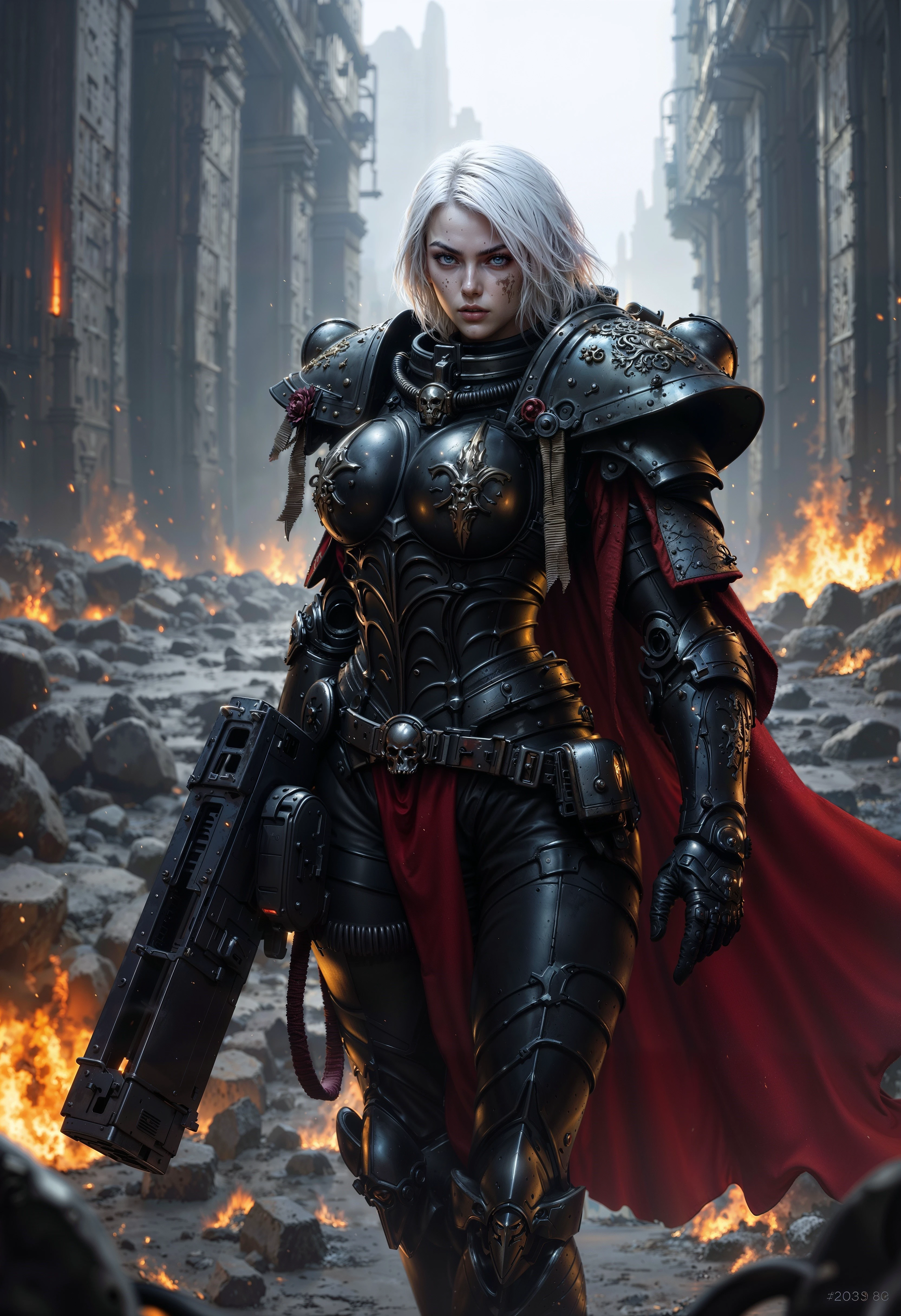 In this highly detailed digital artwork, SisB40K, a pale-skinned, white-haired female warrior, stands in a desolate, war-torn landscape. She wears futuristic, heavily armored gear with intricate mechanical details, including a red cape and large, metallic shoulder pads. Her intense blue eyes and stern expression convey determination. She holds a large, futuristic rifle. The background is a smoky, ruined environment, enhancing the post-apocalyptic atmosphere. The artwork is in a hyper-realistic style with a dark, gritty color palette. <lora:FluxSisB40K:1> <lora:FluxMythP0rtr4itStyle:0.7>
