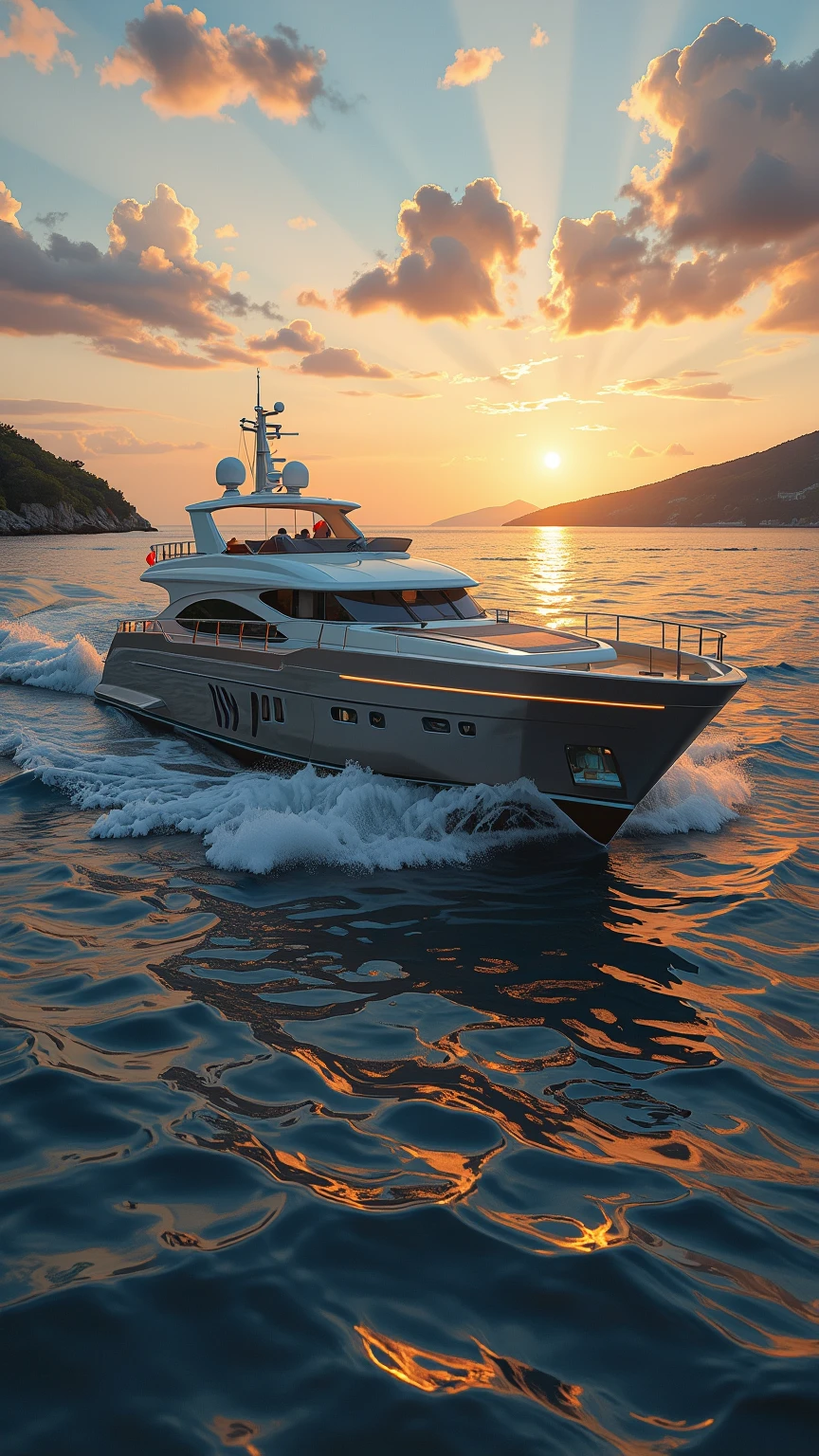 A luxury yacht cutting through the azure waters of the Mediterranean, with the sun setting on the horizon and a sense of freedom in the air.
