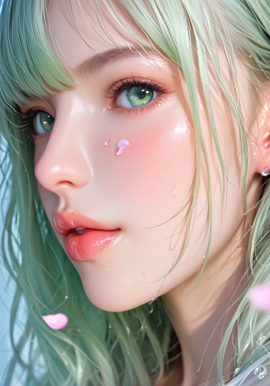 score_9, score_8_up, score_7_up, Girl's profile picture, light green long hair with bangs, light blue petals on cheeks, realistic skin texture, detailed picture, close-up, HD32k