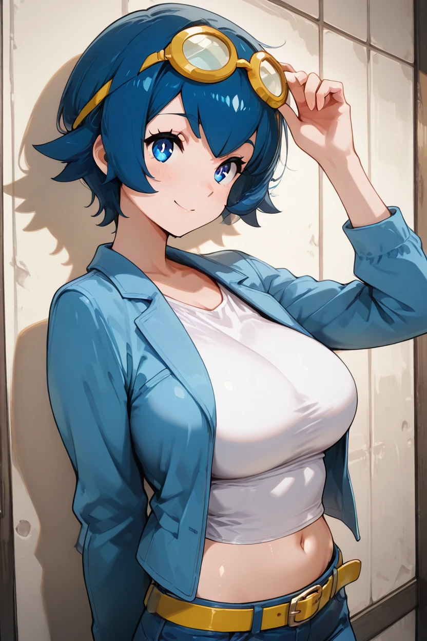 masterpiece, best quality, solo, curvy, beautiful eyes, zzCLana, blue eyes, blue hair, short hair, white shirt, , midriff, denim pants, blue jacket, goggles, yellow belt,  <lora:CollegeLanaIXL:1.0>, upper body, side view, smile, looking at viewer, shiny skin,