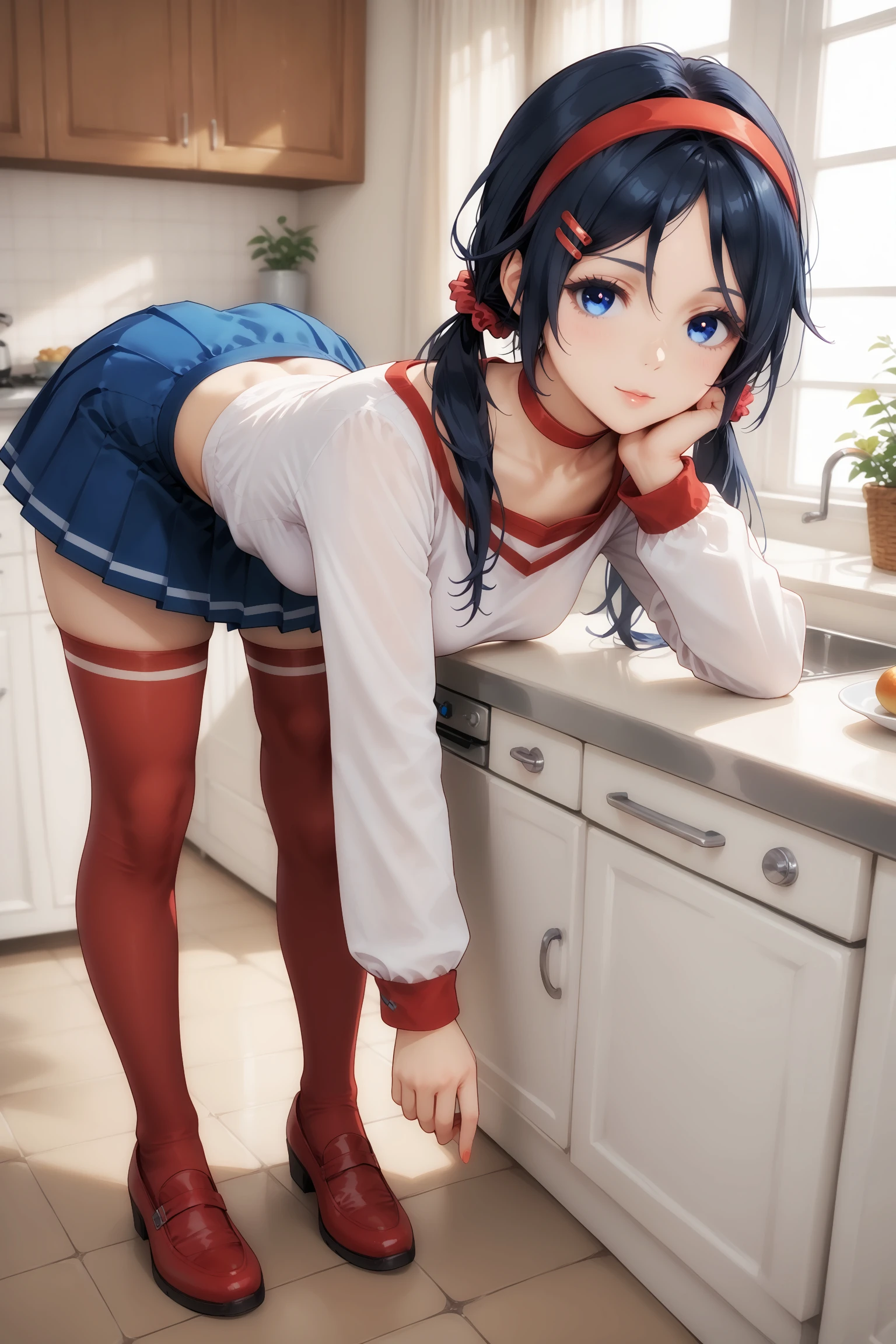 score_9, score_8_up, score_7_up, masterpiece, best quality, imtdmiramiside, 1girl, 19 years old, bent over, blue panties, on kitchen, red thighhighs, blue eyes, low twintails, hair ornament, skirt, hairclip, long hair, shirt, long sleeves, red hairband, blue skirt, blue hair, black hair, pleated skirt, red choker, scrunchie, rating_questionable.
