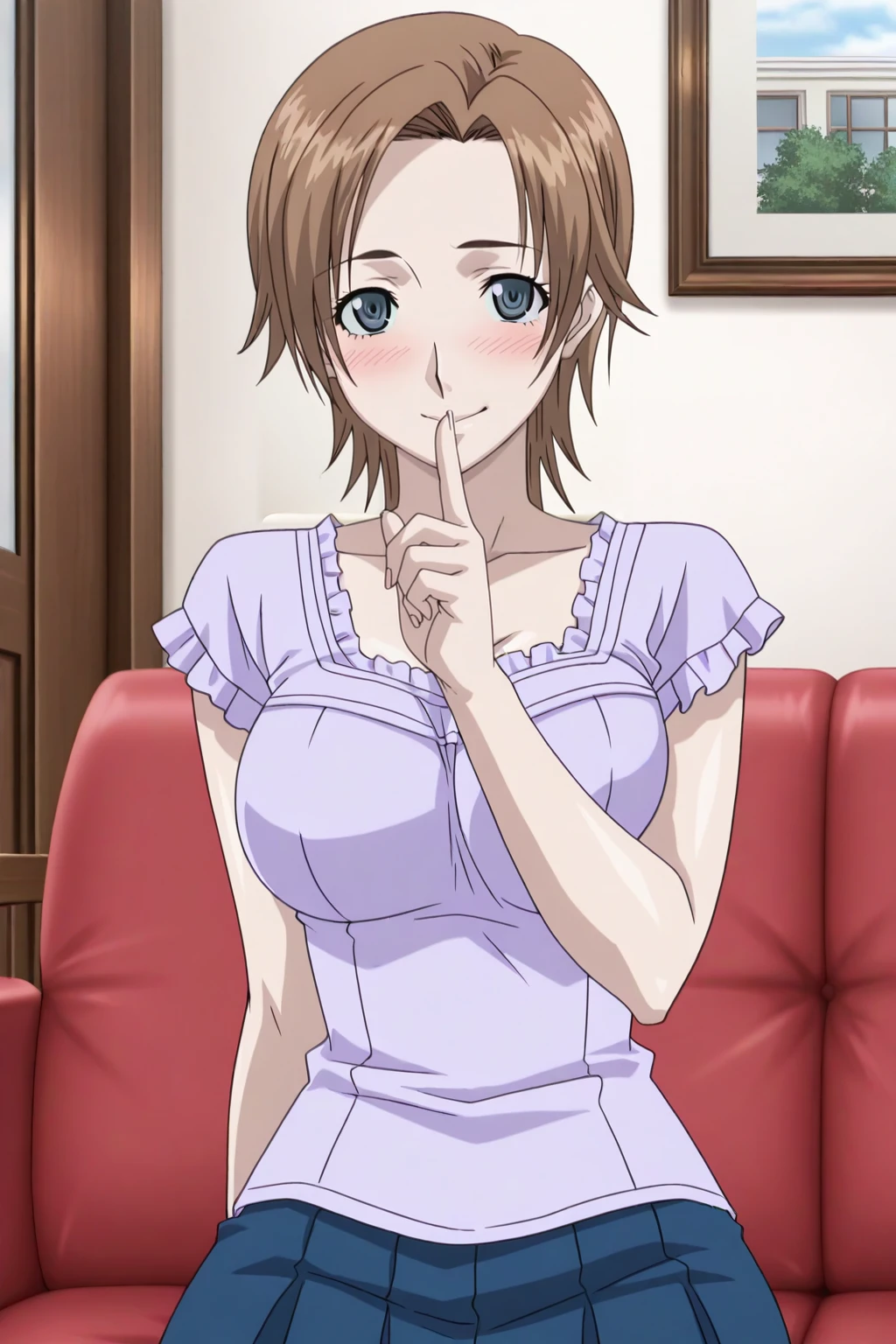 anime screenshot, air gear, 1girl, solo, kyo (air gear), brown hair, short hair, parted bangs, blue eyes, large breasts, purple shirt, t-shirt, frilled shirt, short sleeves, blue skirt, pleated skirt, looking at viewer, finger to mouth, shushing, cowboy shot, sitting, smile, blush, indoors, living room, couch, on couch, masterpiece, best quality, high quality, highres, absurdres, <lora:kyo_air_gear_ILXL:0.9>