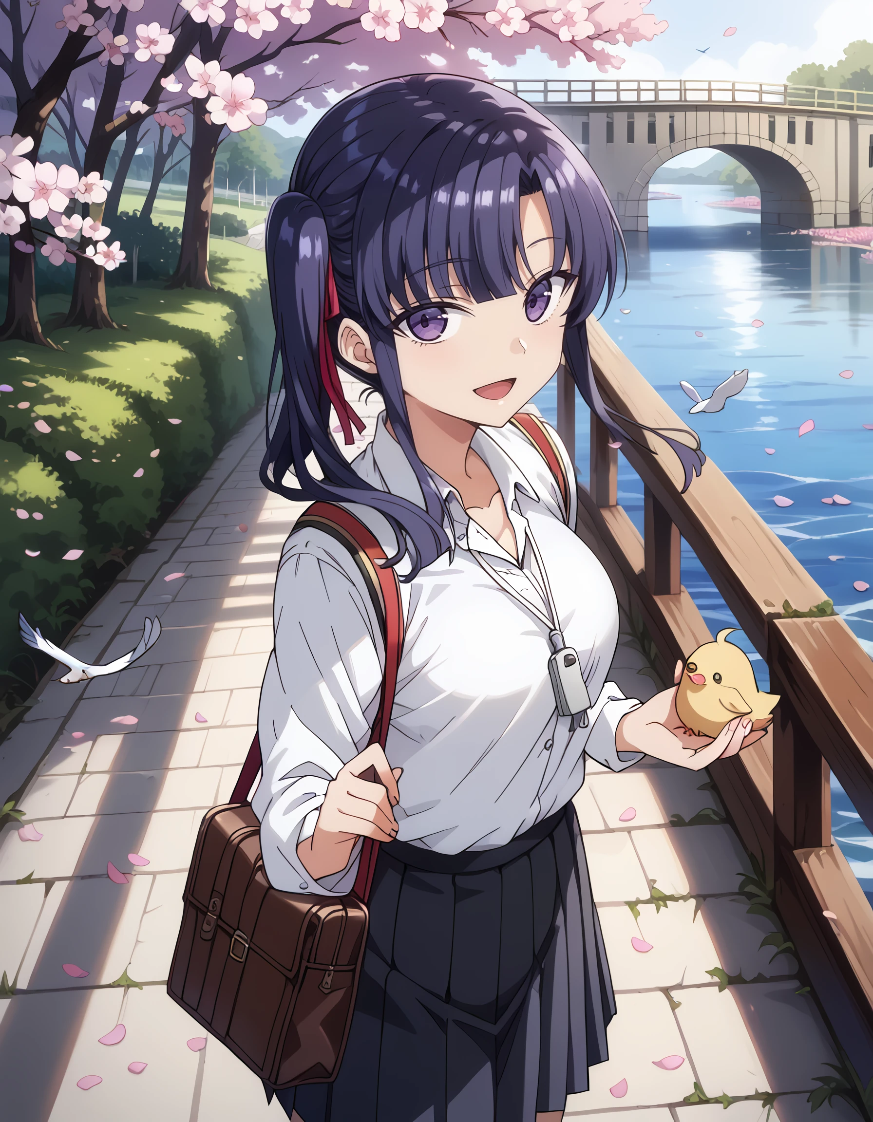 <lora:sakura_pony:1> score_9, score_8_up, score_7_up,source_anime, rating:safe, sakura, long_hair, black_hair, hair_ribbon, purple_eyes, side_ponytail, school_uniform, white_shirt, pleated_skirt, 1girl, bird, bird_on_head, bridge, cherry_blossoms, chick, falling_petals, holding, holding_whistle, looking_at_viewer, on_head, open_mouth, outdoors, petals, smile, solo, water, whistle, dark, shadow, spotlight, masterpiece, detailed, best_quality