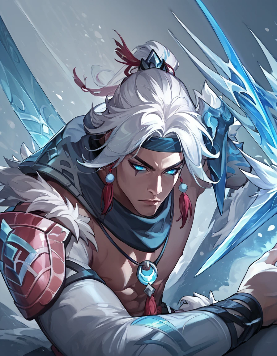 Conceptual Art, Snow_Moon_Varus, solo, long hair, bangs, blue eyes, 1boy, jewelry, closed mouth, upper body, ponytail, weapon, white hair, male focus, necklace, armor, fur trim, headband, glowing, shoulder armor, glowing eyes
 <lora:add-detail-xl:1> <lora:Expressive_H:1> <lora:Silverjow-Pony-XL-v6:0.6> <lora:Snow_Moon_Varus-03:1>, score_9, score_8_up, score_7_up, beautiful aesthetic, very intricate, high quality details, rating_explicit, (perfect anatomy:1.4),(ultra detailed:1.4),, concept art