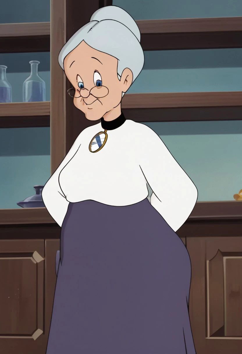 2d, flat colours, animated drawing, cartoon character, 1girl, ltgran, short hair, old woman, granny, solo, glasses, single hair bun, hair bun, gray hair, white shirt, long sleeves, jewelry, long skirt, blue skirt, breasts, large tits, booty, large butt, wide hips, busty